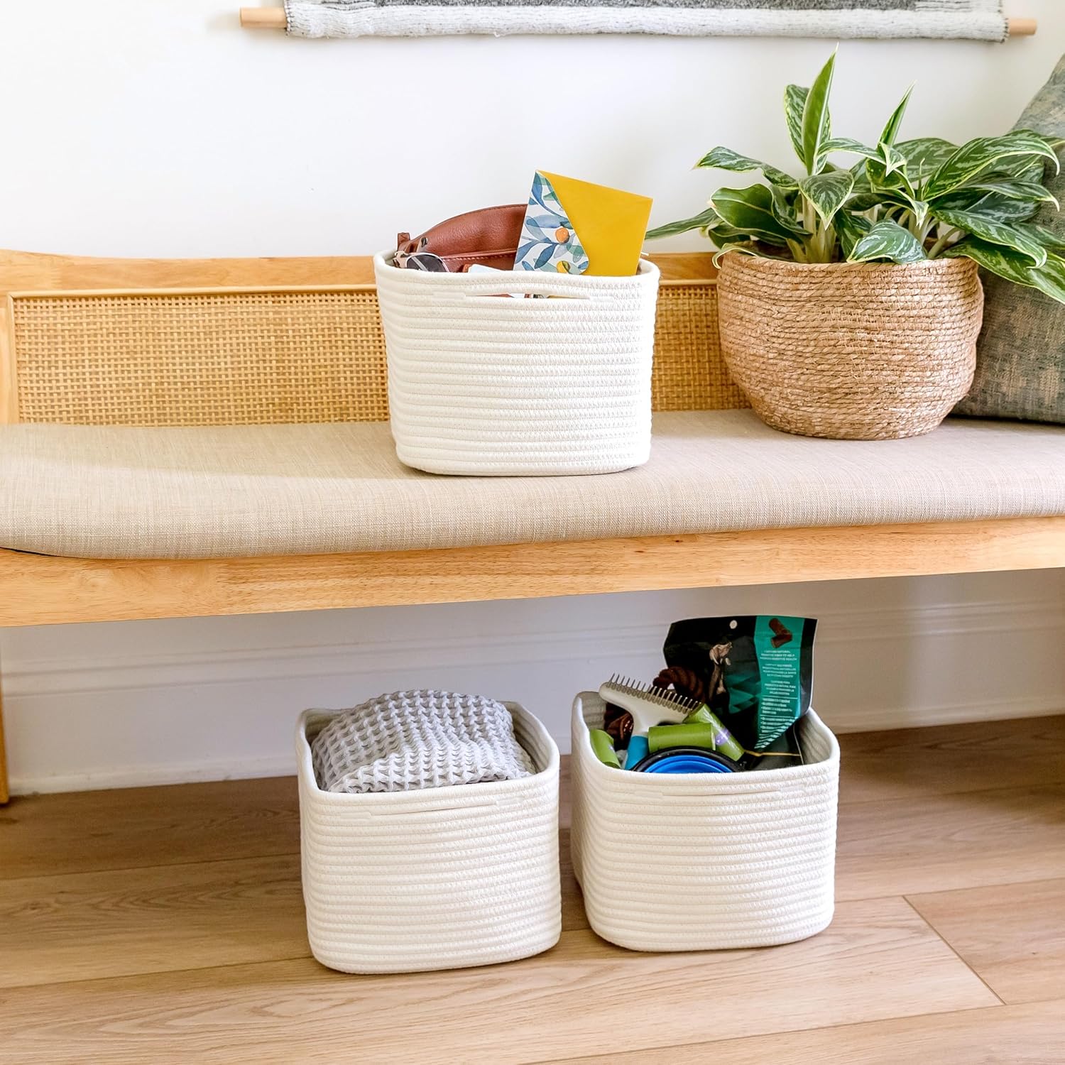 Storage Cubes "Cotton Rope Woven Baskets for Organizing / Off White / 9 x 9 x 7 / Set of 3