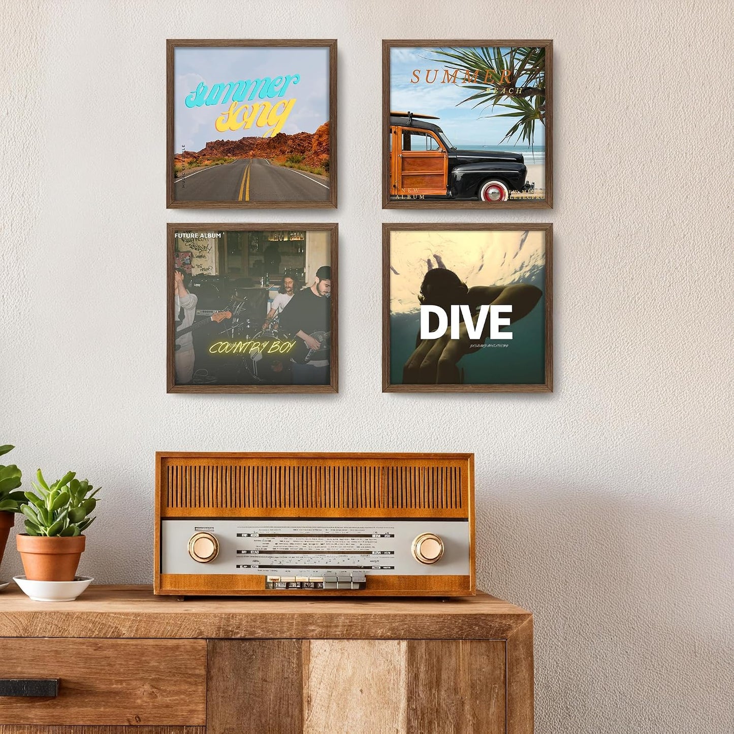 eletecpro Vinyl Record Frame, 12.5 x 12.5 in, Rustic Brown, 4 Pack | Fits 12x12 LP and Album Cover, Easy Wall Mount