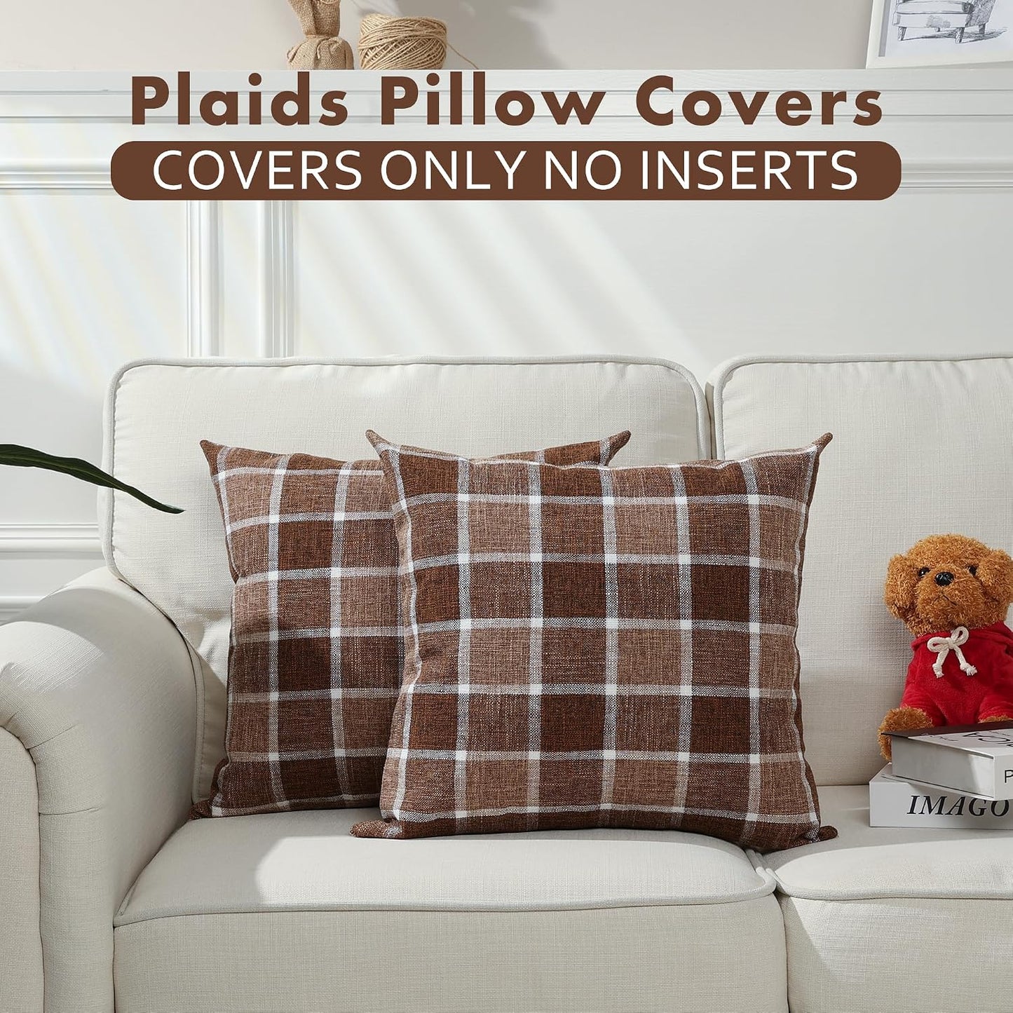 Farmhouse Plaid Decorative Cushion Covers / 18 x 18 / Check-chocolate / Set of 2