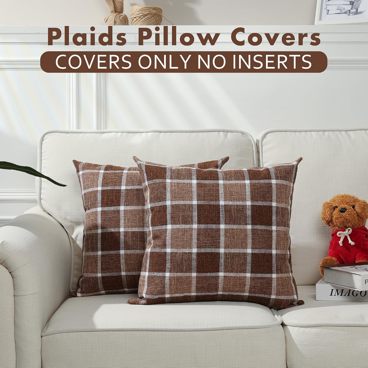 Farmhouse Plaid Decorative Cushion Covers / 18 x 18 / Check-chocolate / Set of 2