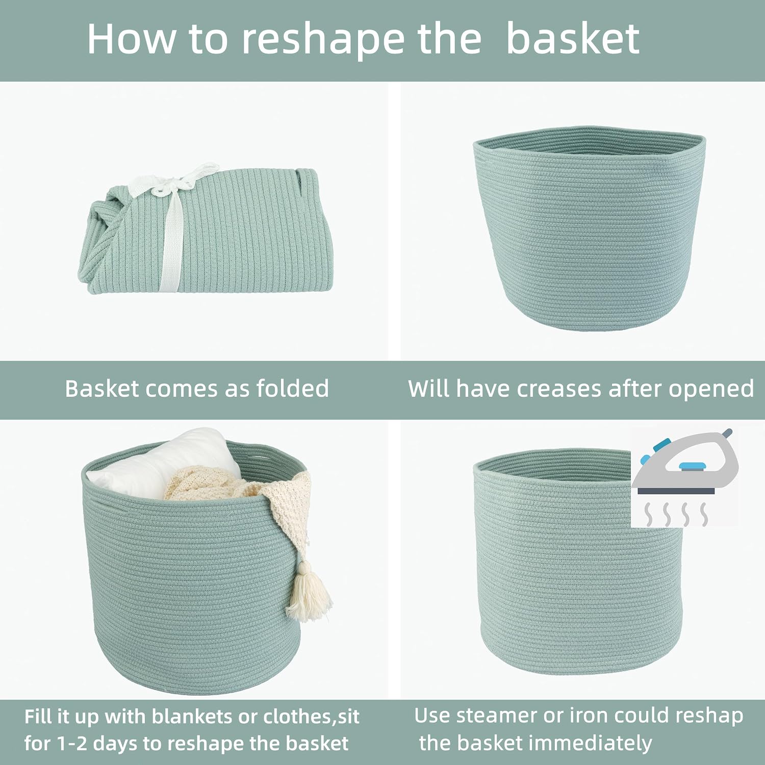 Cotton Rope Basket For Girls Boys Kids " Baby Laundry Baskets Nursery Bin Round / Green / 16 x 14
