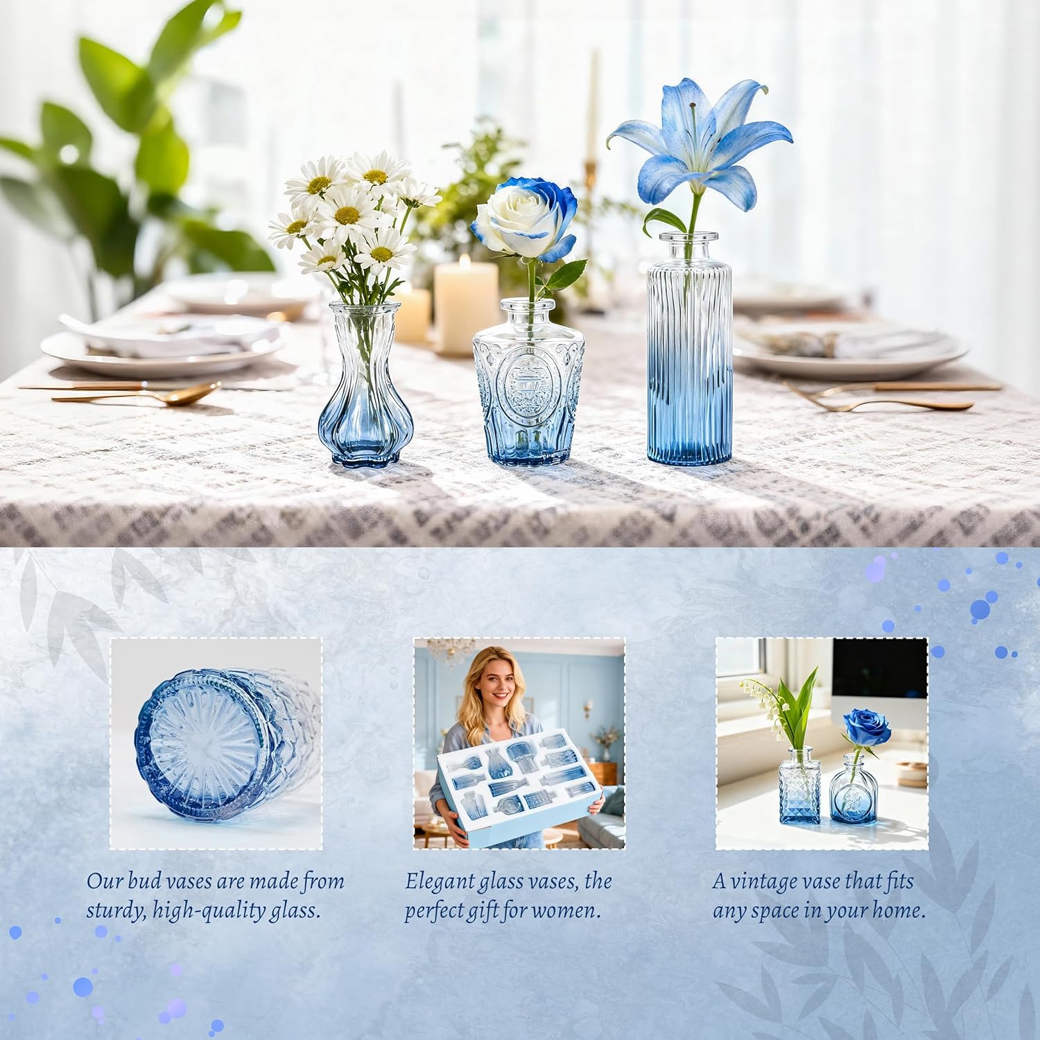 Vases / Small Bud Vases for Flowers / Blue / Set of 12