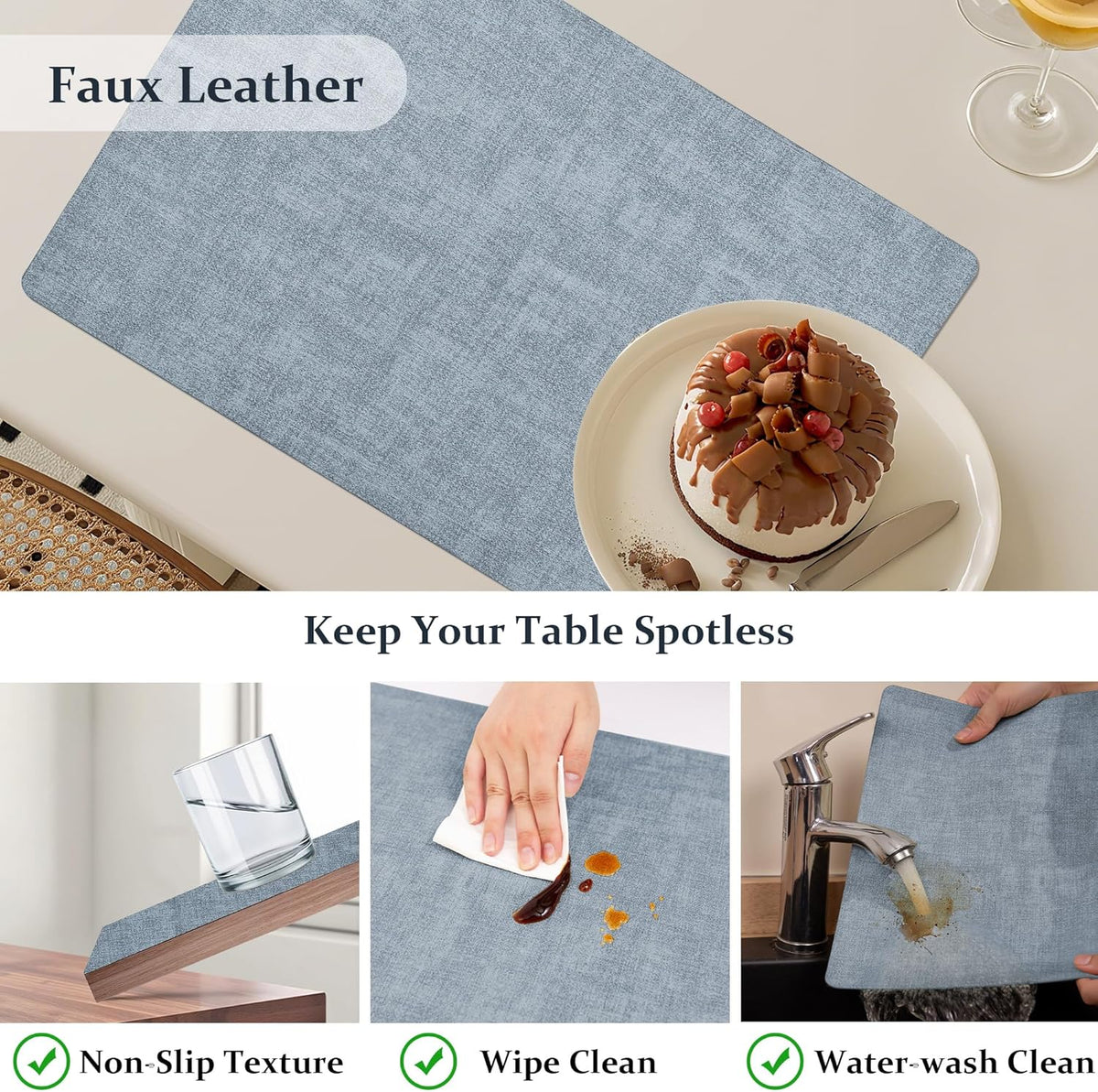 FROMHEART Faux Leather PU Placemats Set of 8 (Light Blue,11.8" x 17") | Waterproof,Heat/Oil Stain-Resistant Table