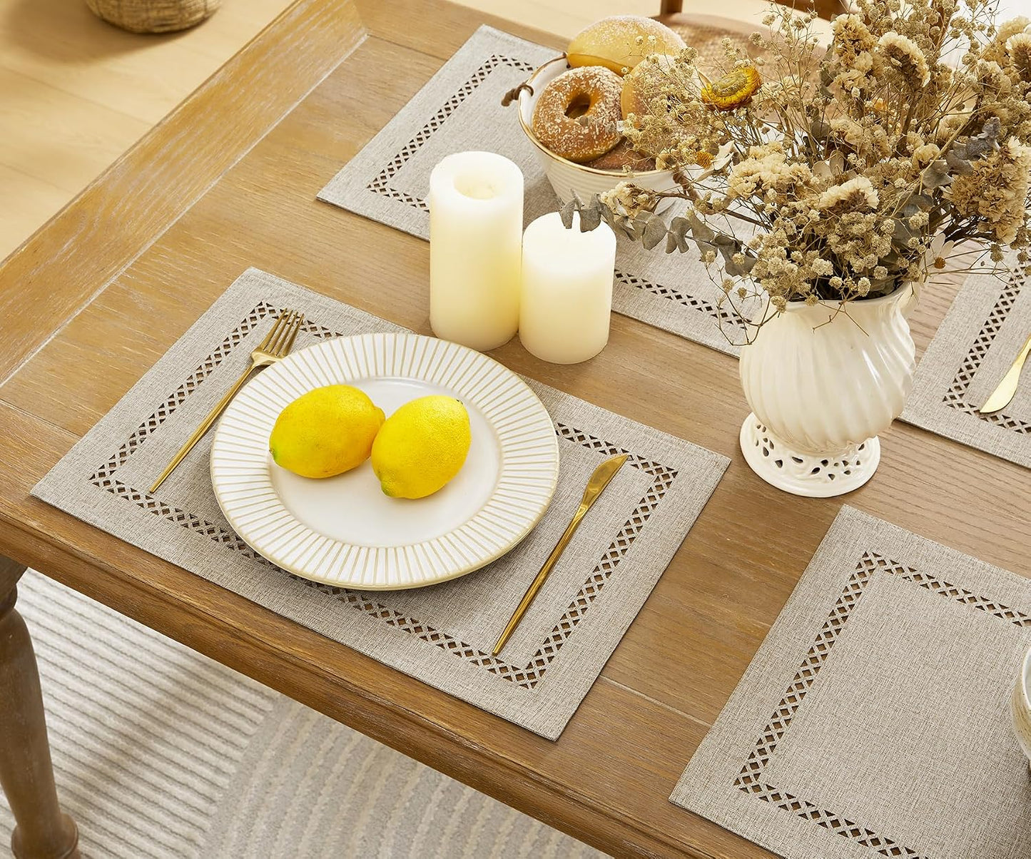 Farmhouse Burlap Place Mats, Coffee Placemats Set of 6, 12 x 18 Inch | Double Layer, Thick Textured Lattice Cutwork
