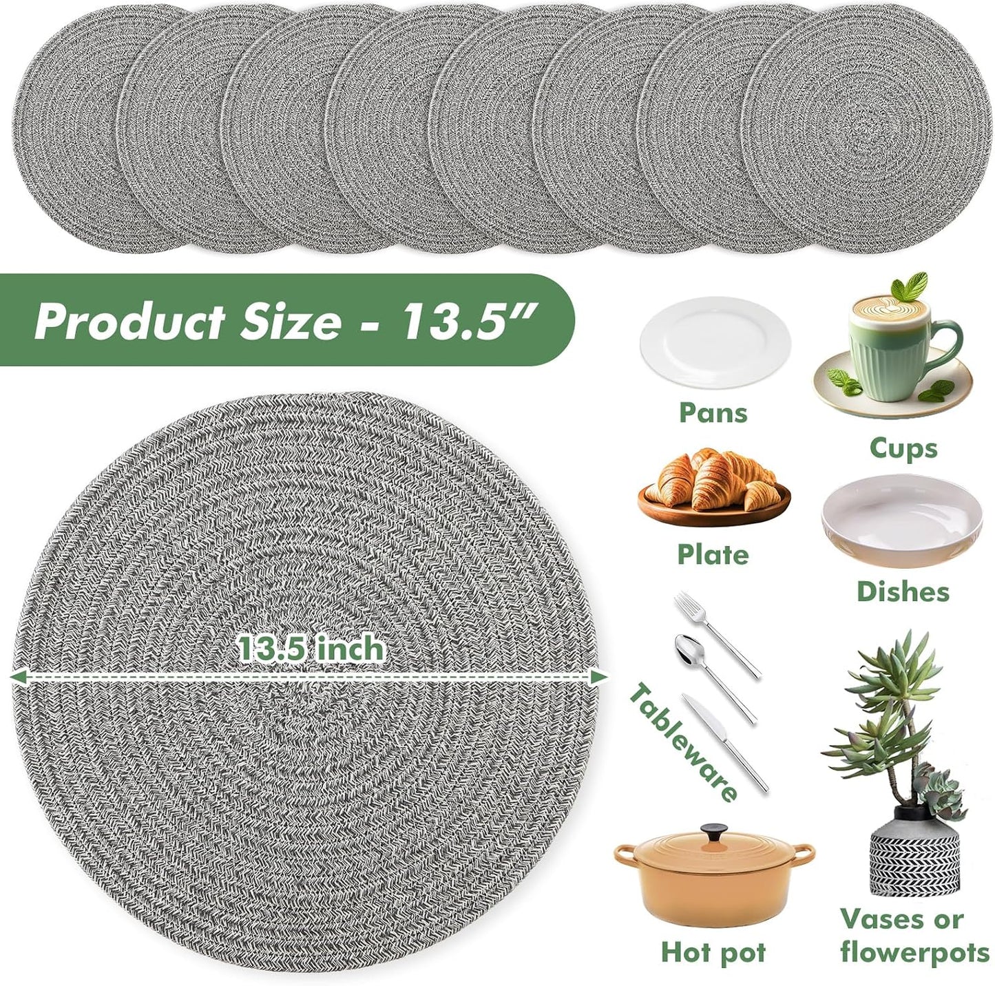 8 Pack Round Woven Placemats 13.5 Inches Heat Resistant Placemats Farmhouse Cotton Rope Braided Place Mats for Dining