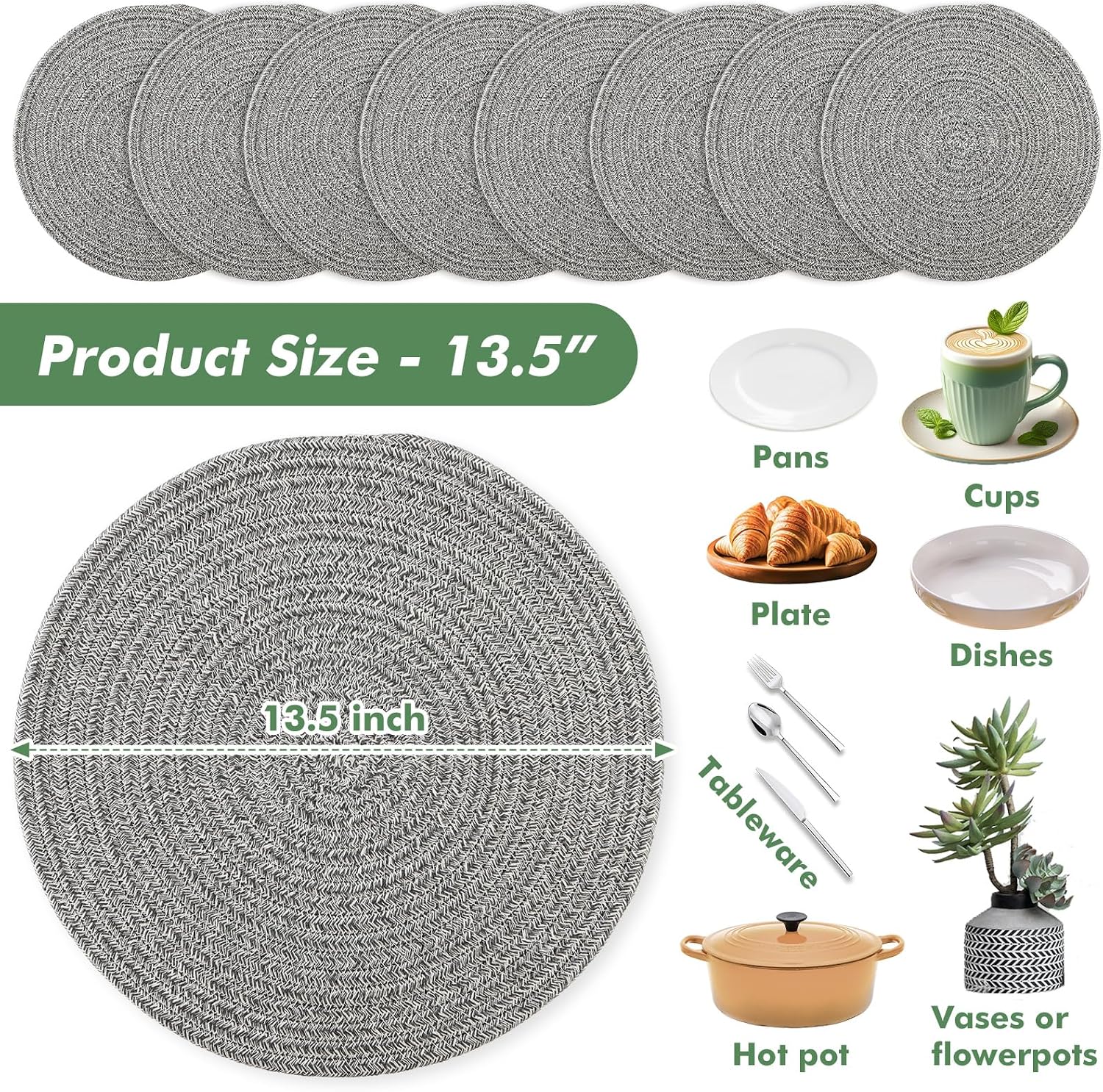 8 Pack Round Woven Placemats 13.5 Inches Heat Resistant Placemats Farmhouse Cotton Rope Braided Place Mats for Dining