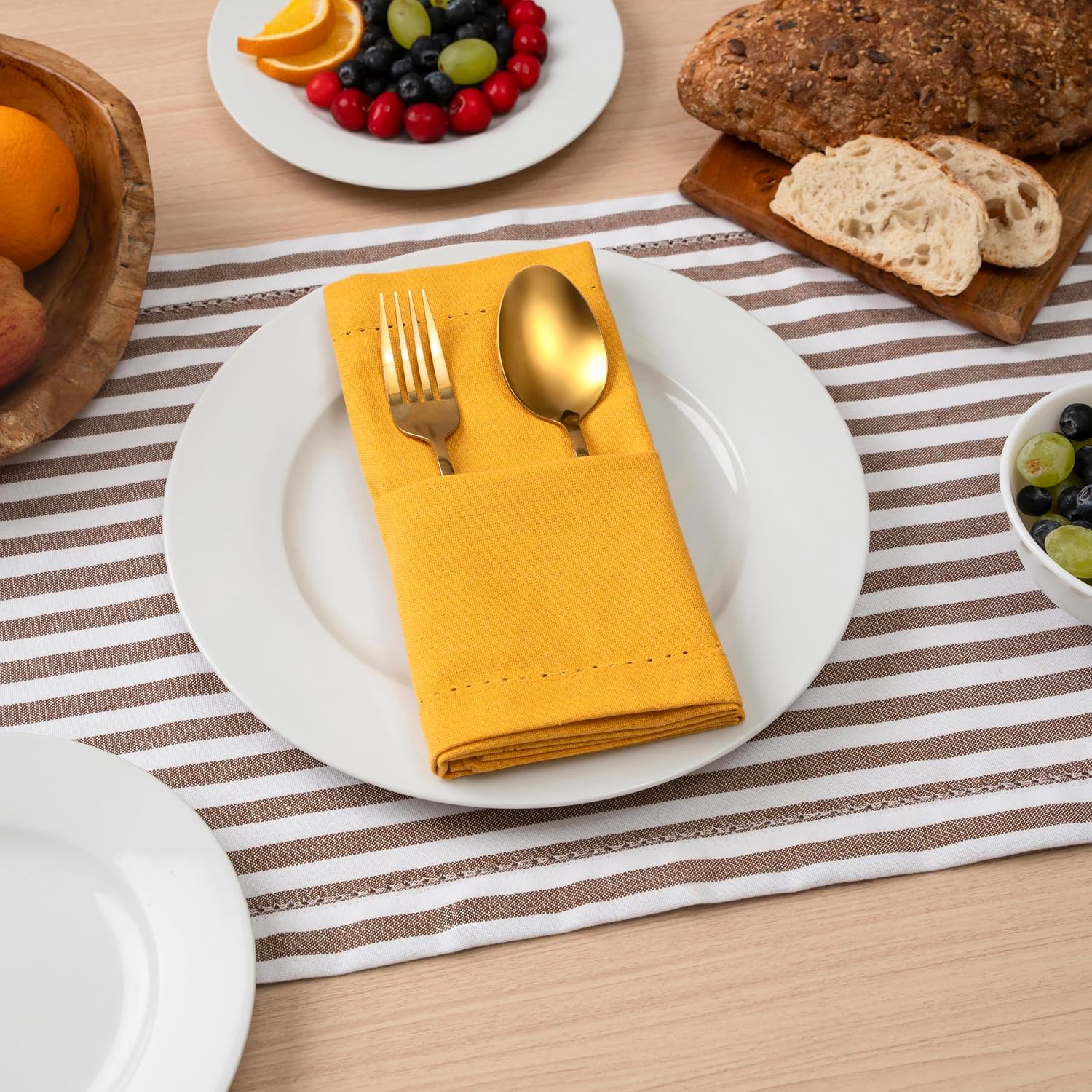 Blue Needles Set of 12 Hemstitch Linen Napkins 100% Cotton Golden Yellow Cloth Dinner Napkins 18x18 inches, Soft