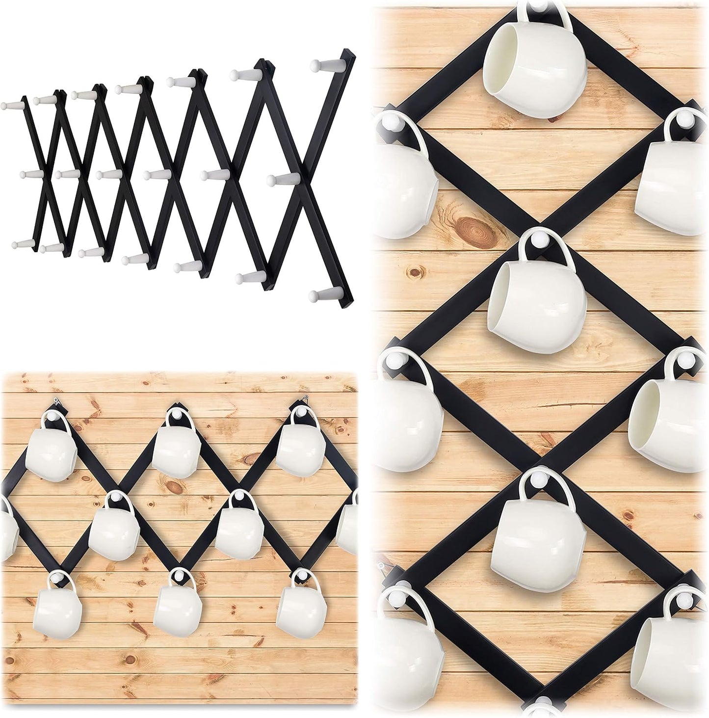 Accordian Wall Hanger: 16” High Wooden Wall Expandable Coat Rack, Hat Rack Holder, Accordion Hook for Baseball Caps