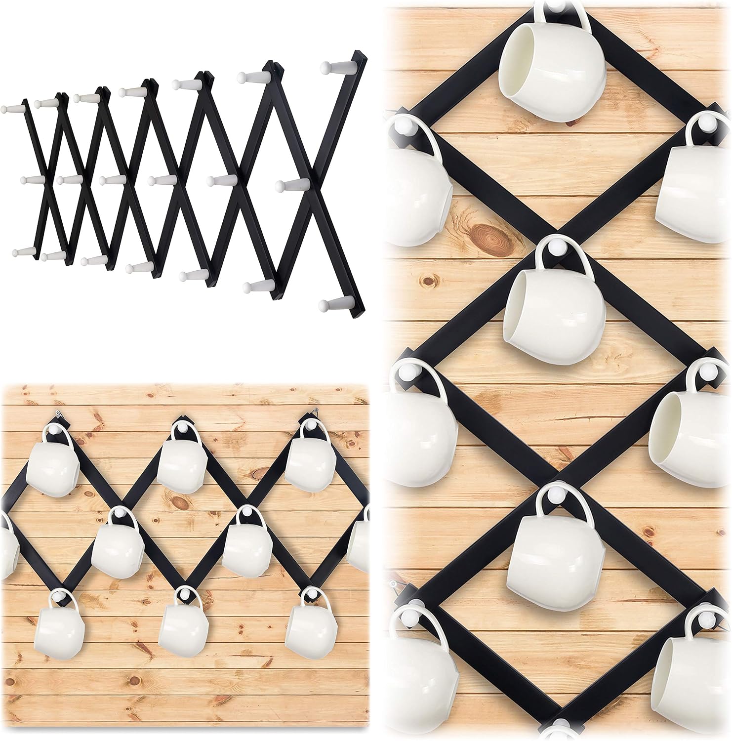 Accordian Wall Hanger: 16” High Wooden Wall Expandable Coat Rack, Hat Rack Holder, Accordion Hook for Baseball Caps