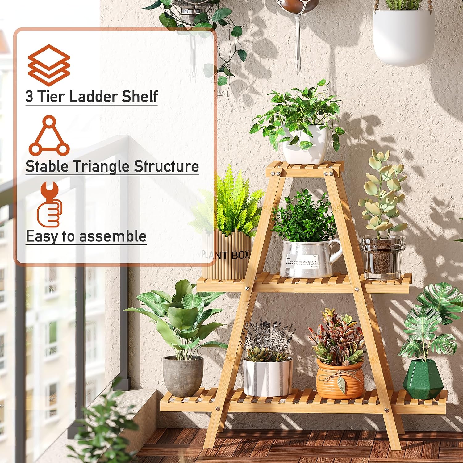 GHWIE Plant Stand Indoor Plant Shelf Outdoor bamboo Plant Rack, 3 Tiers Ladder Plant Holder Flower Stand for Living