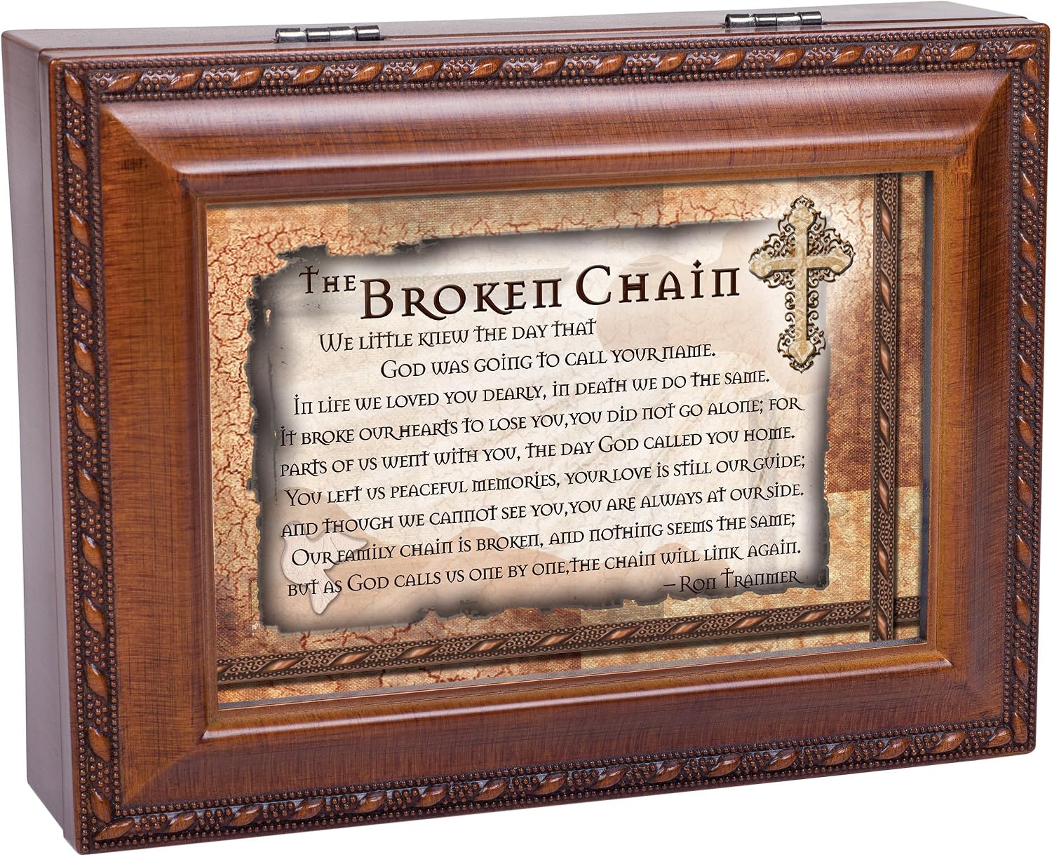 Broken Chain Inspirational Woodgrain Rope Trim Music Box Plays Amazing Grace
