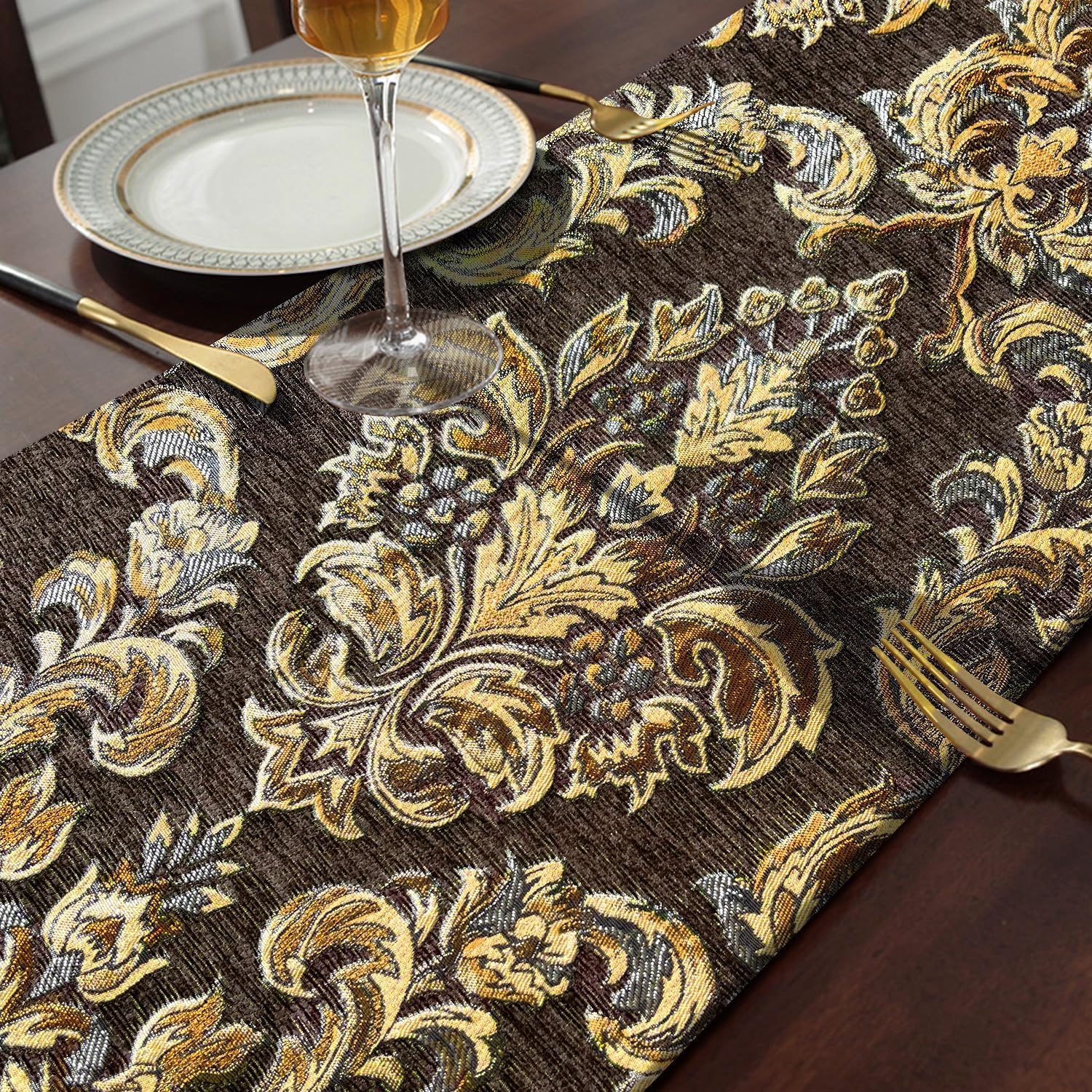 Sophisticated Jacquard Dark Brown Chenille Table Runner 84 inches Long | with Bling Gold Embroidered,Decor for Dark