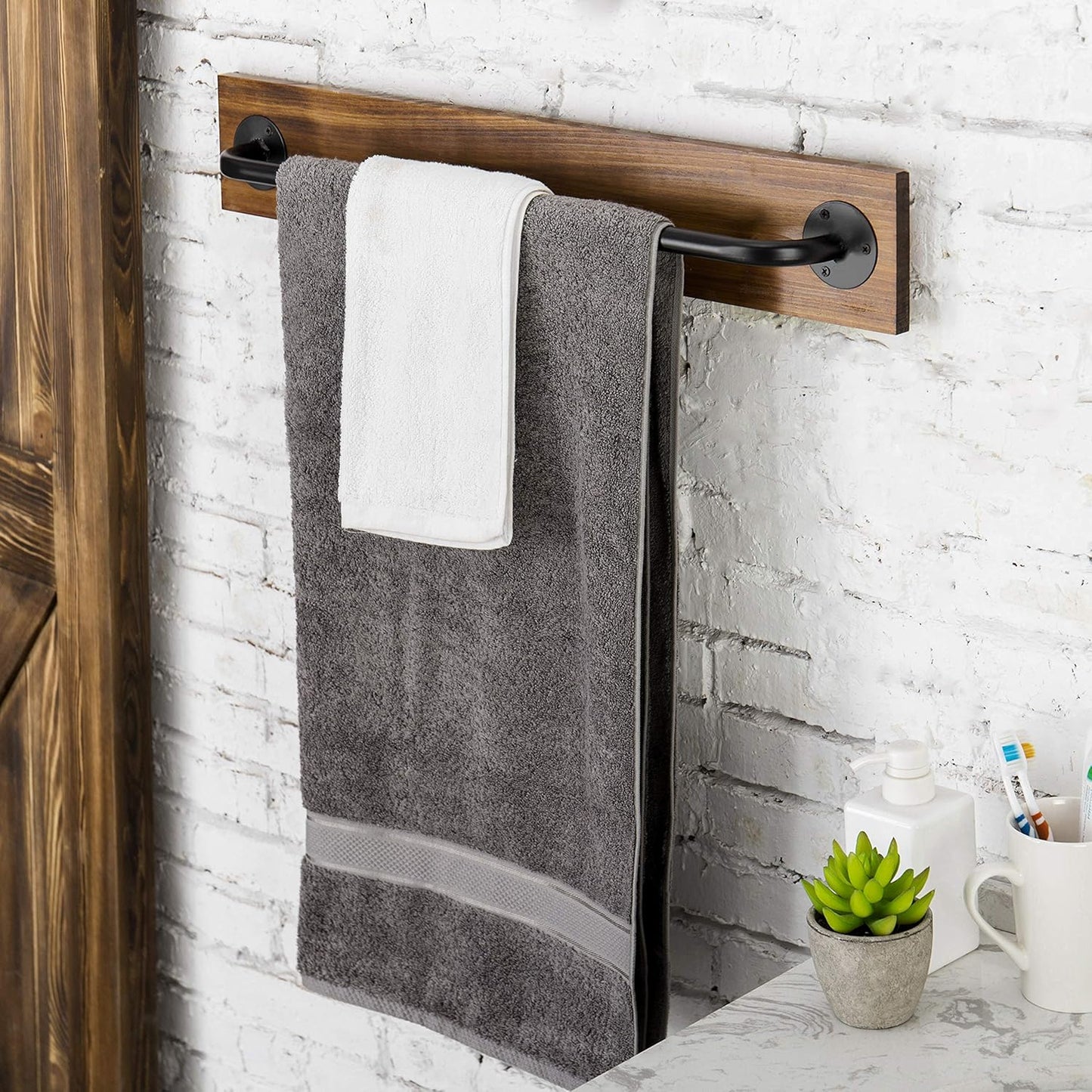 MyGift Industrial Pipe Towel Bar, 28" Burnt Wood Wall Mounted Towel Rack | Farmhouse Rustic Hanging Storage For