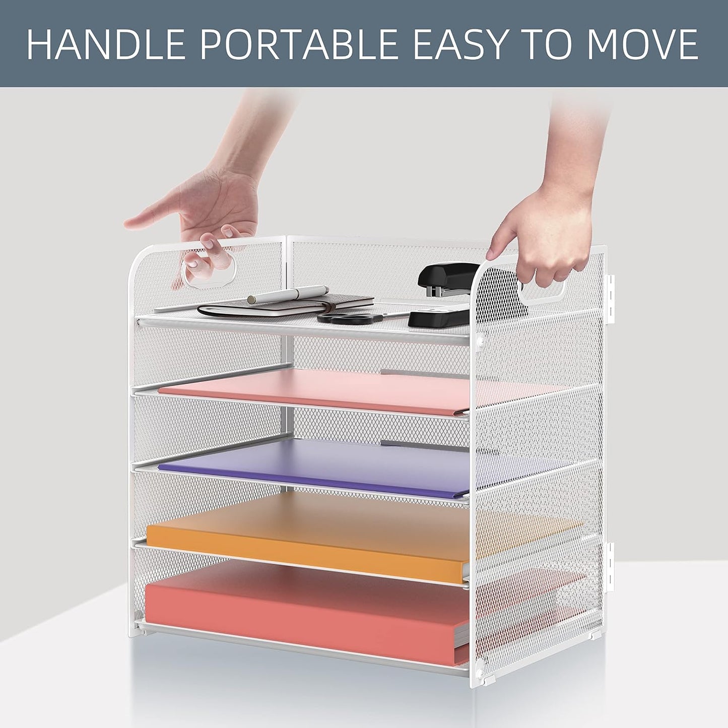 5 Trays Paper Organizer Letter Tray with Handle-Mesh Desk File Holders, Paper Sorter Desk Organizer for Office, Home