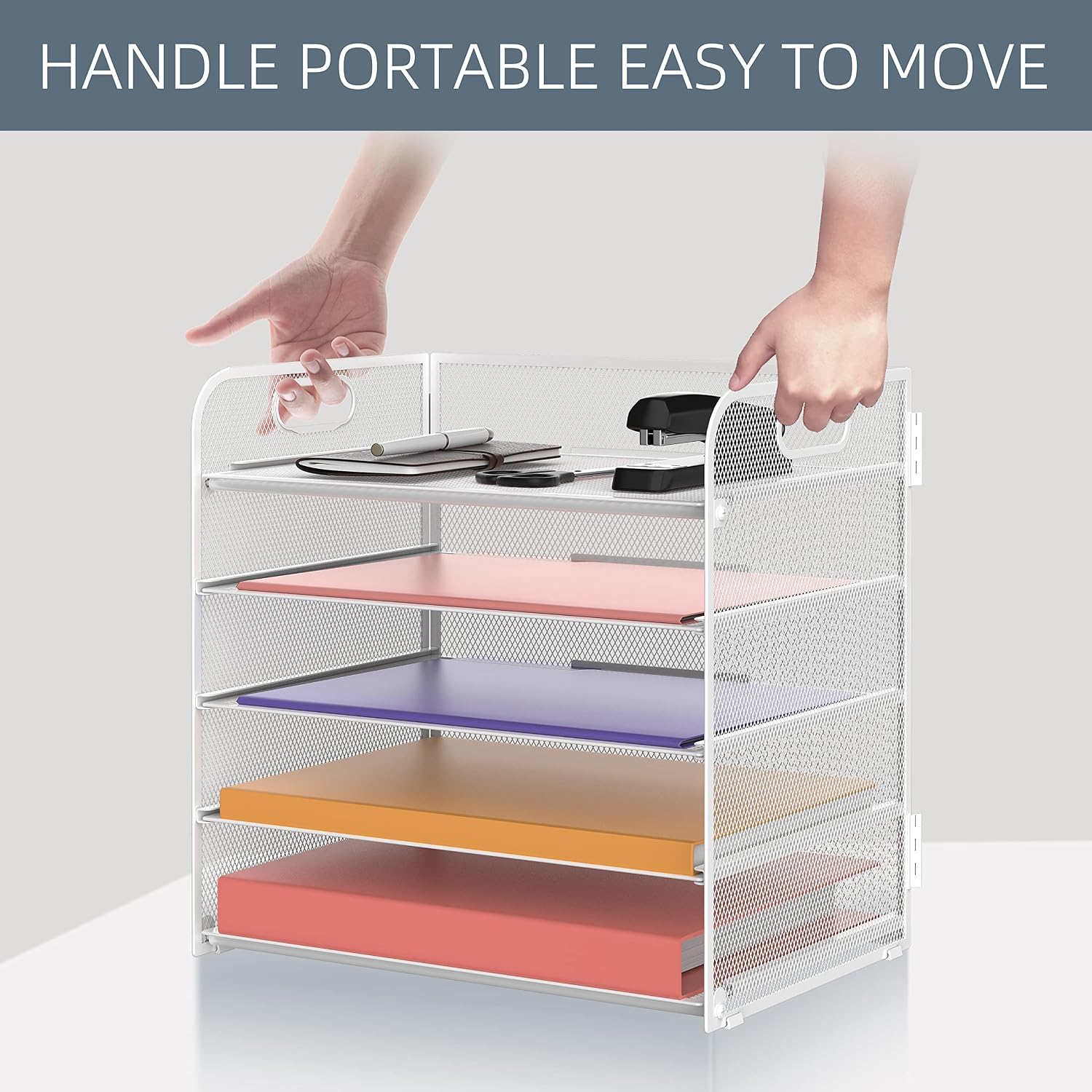 5 Trays Paper Organizer Letter Tray with Handle-Mesh Desk File Holders, Paper Sorter Desk Organizer for Office, Home