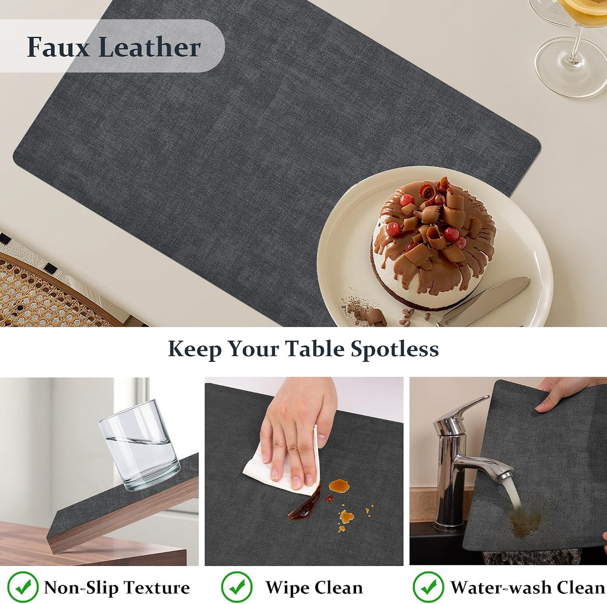 FROMHEART Faux Leather PU Placemats Set of 12 (Dark Grey,11.8" x 17") | Waterproof,Heat/Oil Stain-Resistant Table