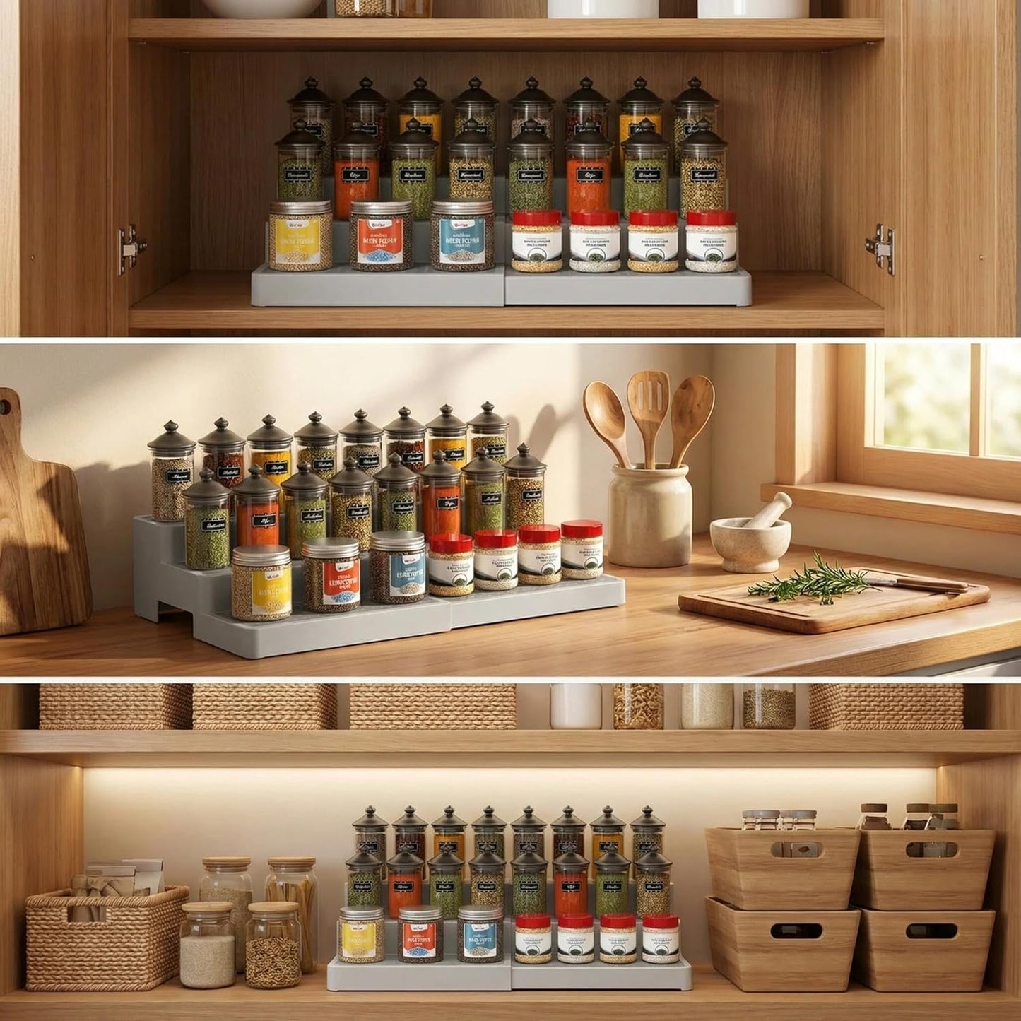 YAN & HIN Expandable Spice Rack Organizer for Cabinet (2 Pack), 3-Tier Tiered Spice Shelf Organizer with Non-Skid