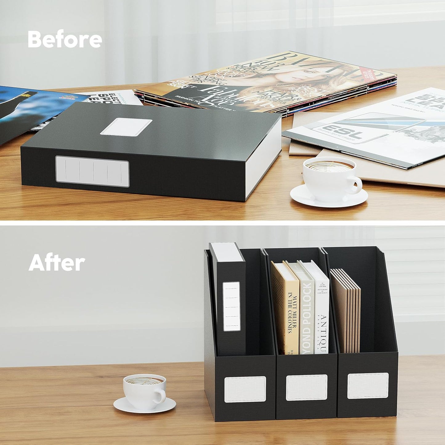 Black Magazine File Holders，3 Packs Cardboard File Rack, Folder Holder | Sturdy Cardboard Desktop Storage File Box