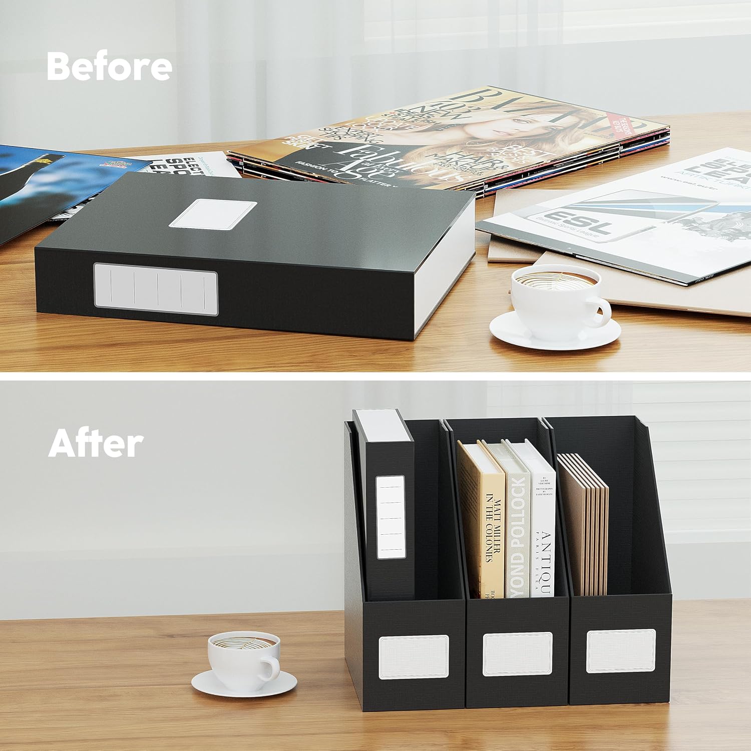 Black Magazine File Holders，3 Packs Cardboard File Rack, Folder Holder | Sturdy Cardboard Desktop Storage File Box