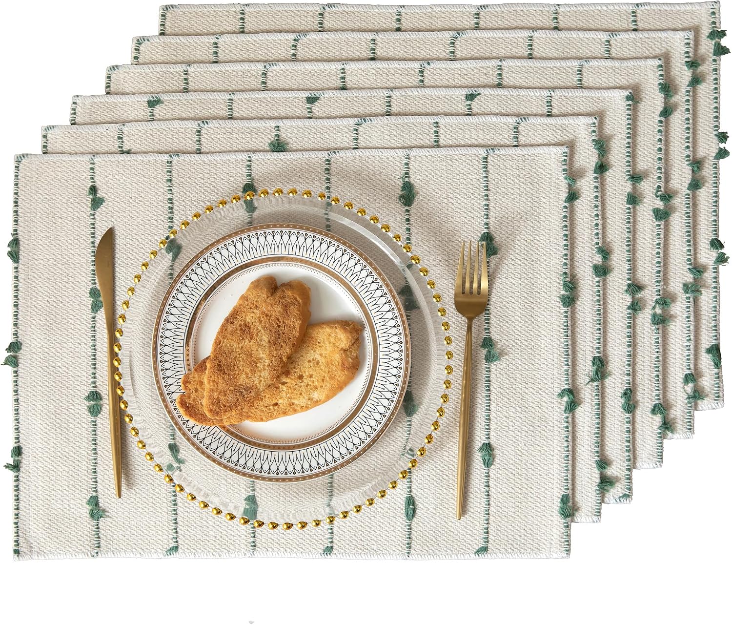Boho Placemats Set of 6 for Dining Table Decor, Woven Cloth Place Mats for Farmhouse Rustic Kitche Home Decor, Cotton