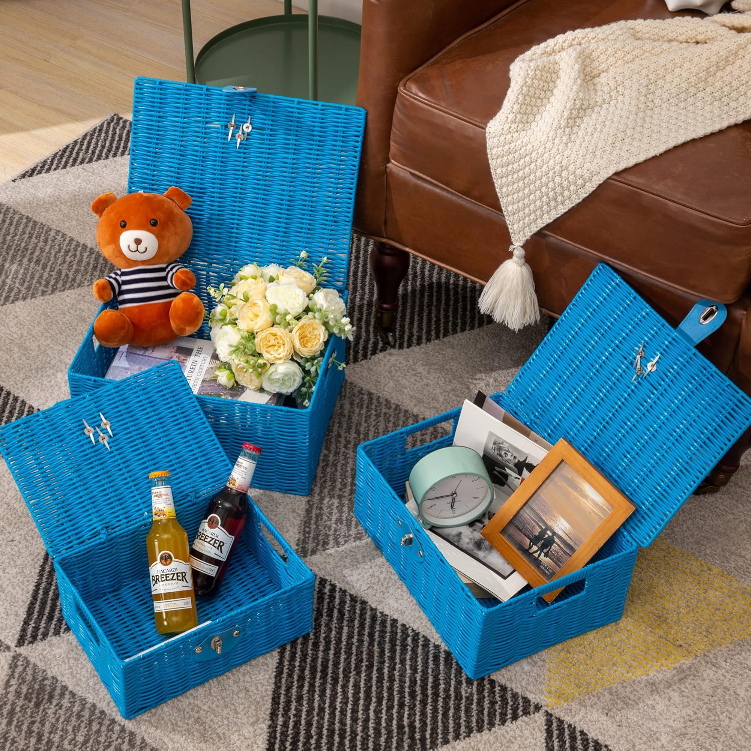 Woven Wicker Storage Basket Box / Blue / Set of 3