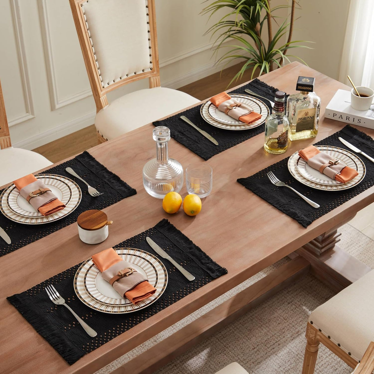 Macrame Style Boho Placemats Set of 6, Black 12x20 Inch | Decorative Farmhouse Table Mats, Natural Cotton Woven Place