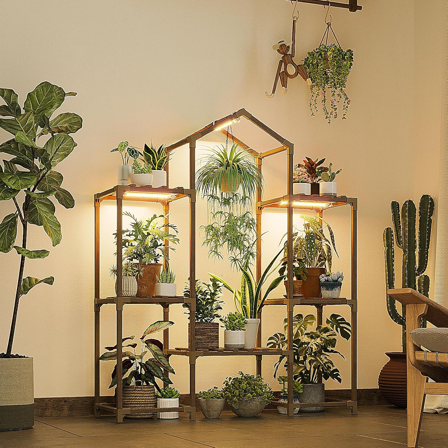 Bamworld Plant Stand Indoor with Grow Lights Wood Plant Shelf for Hanging Planter Pots Display Flower Stand for Living