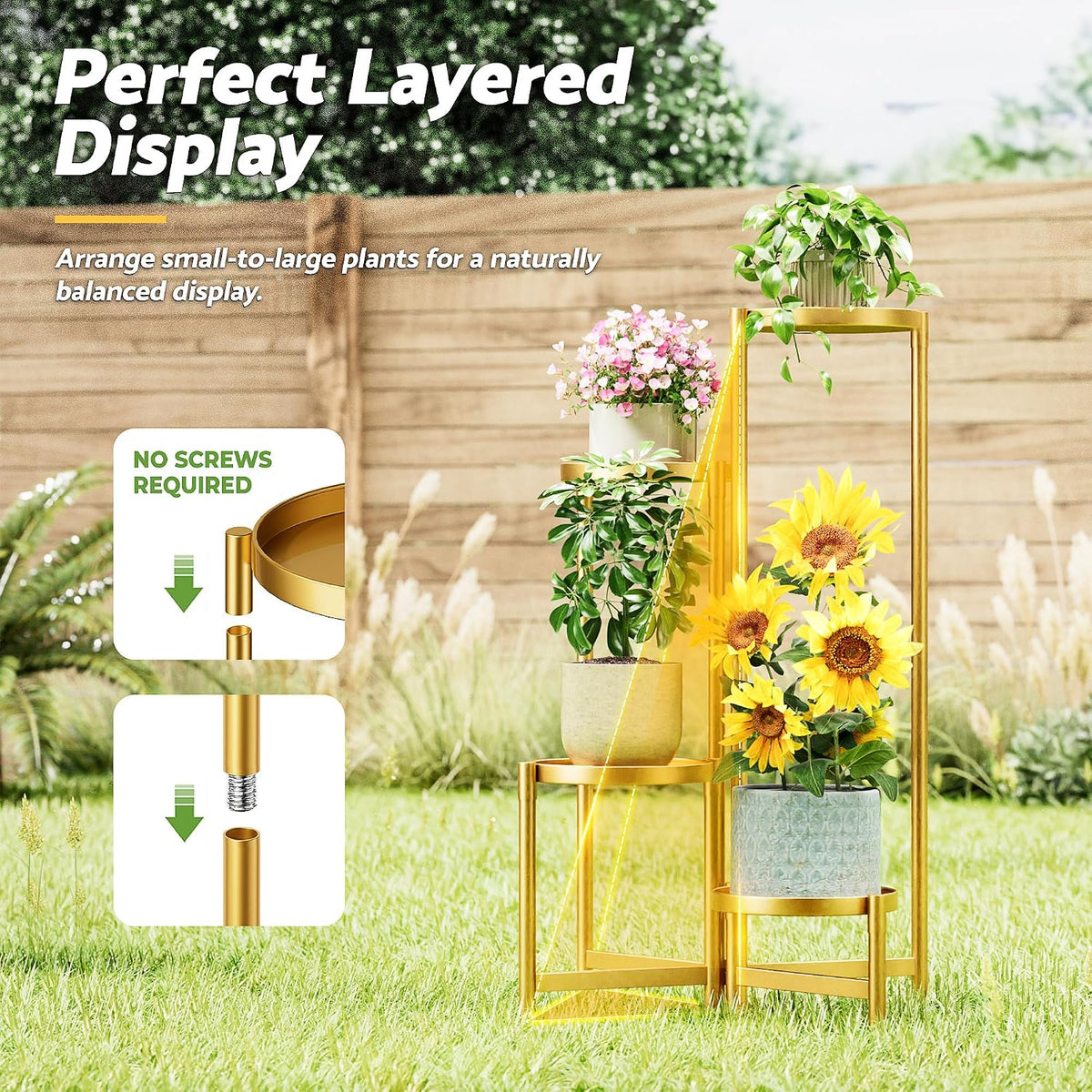 Gold Plant Stand, 4 Tiered Plant Stand Indoor for Multiple Large Planter, Tall Heavy Duty Adjustable Folding Rack with