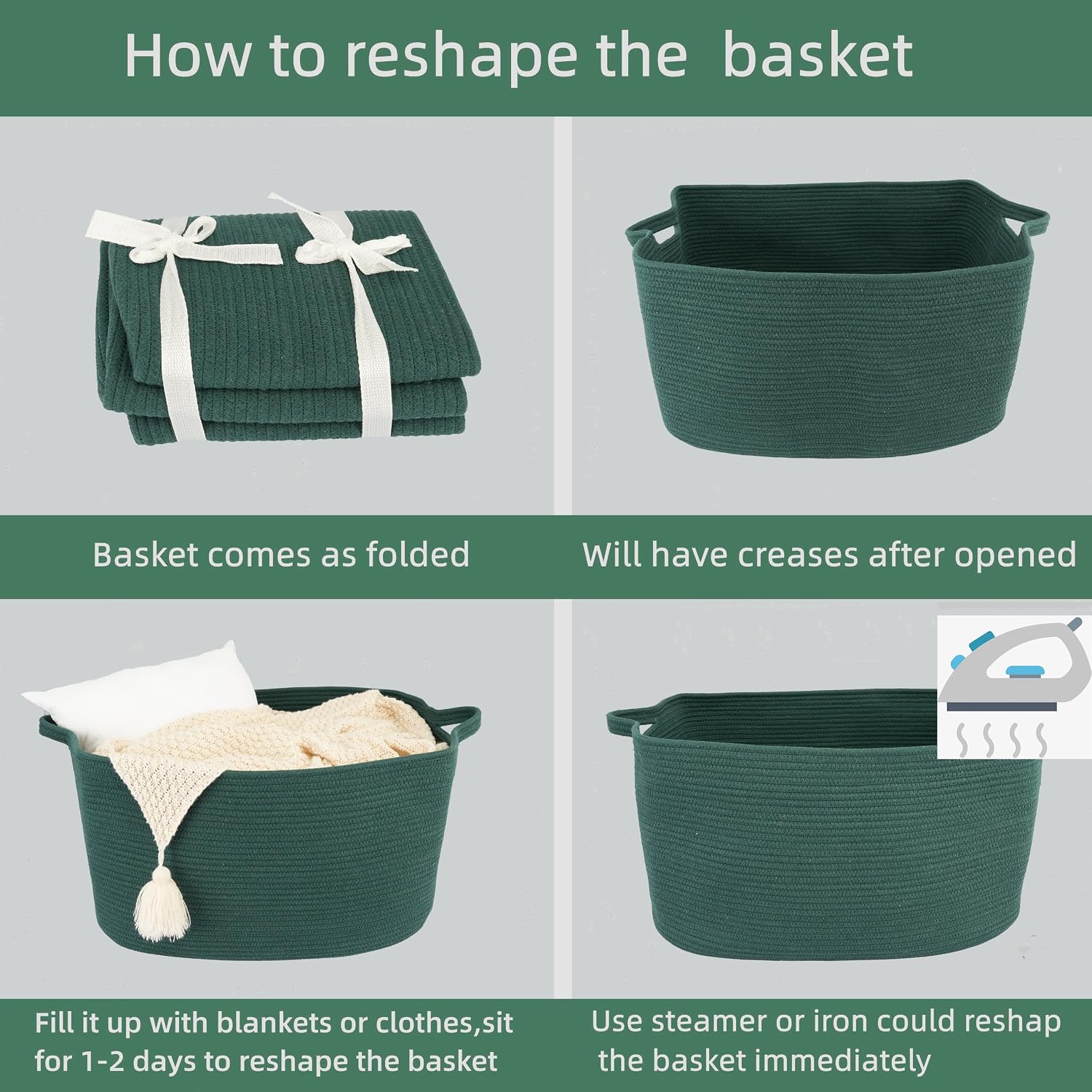 Large Rectangle Blankets Basket Living Room " Woven Cotton Rope Storage / Dark Green / 22 x 17 x 12
