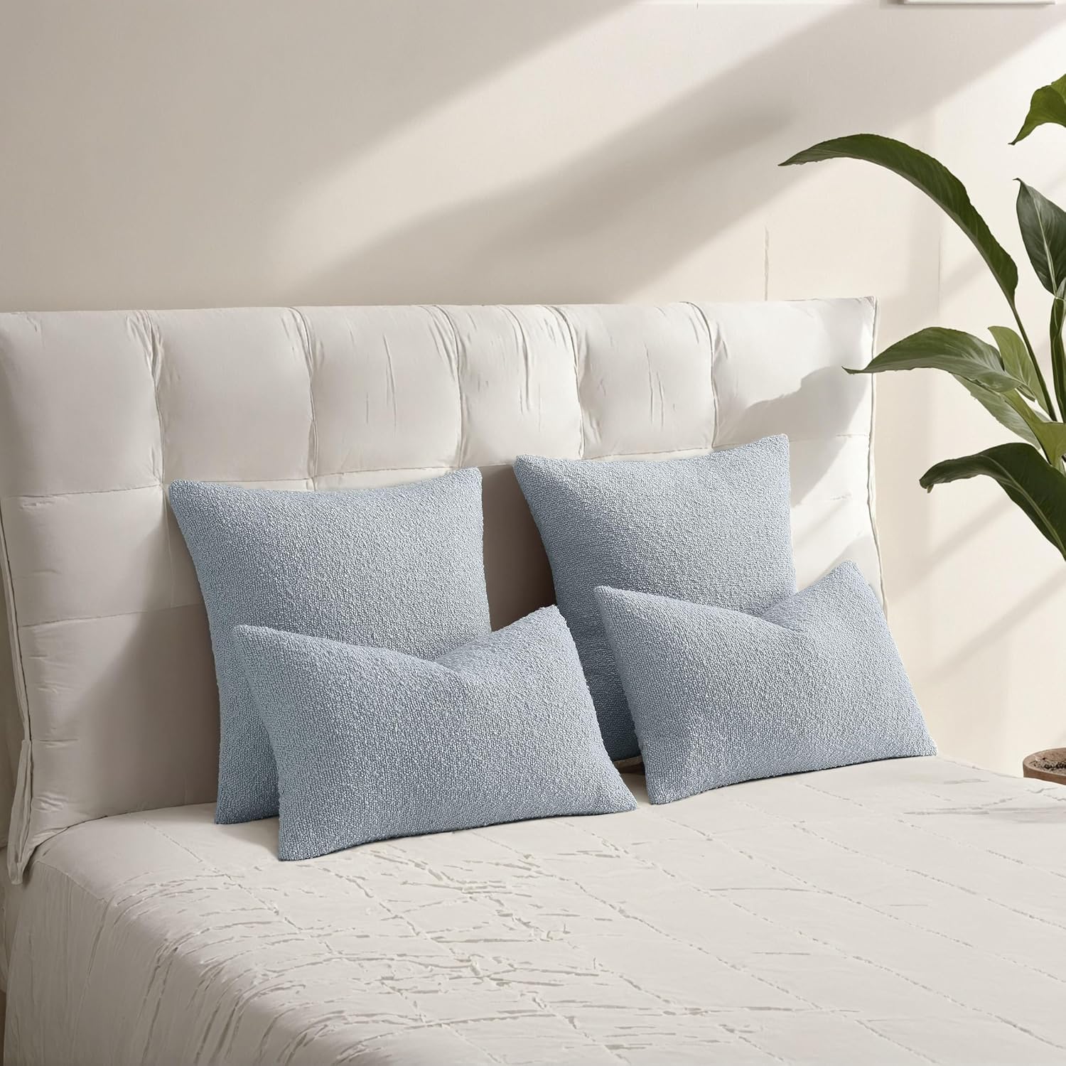 Boucle Decorative Throw Pillows Soft Boho Neutral Cushion Covers / Dusty Blue / 18 x 18 / Set of 2