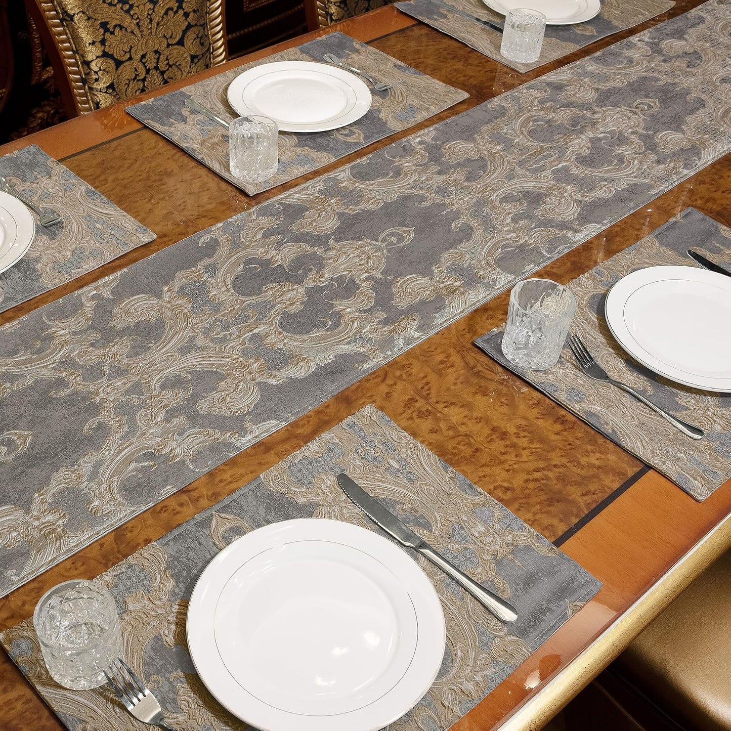 Loom and Mill Luxury Jacquard Damask Table Runner 108 Inches Long, Gray | Elegant Dining Table Runners with Handmade