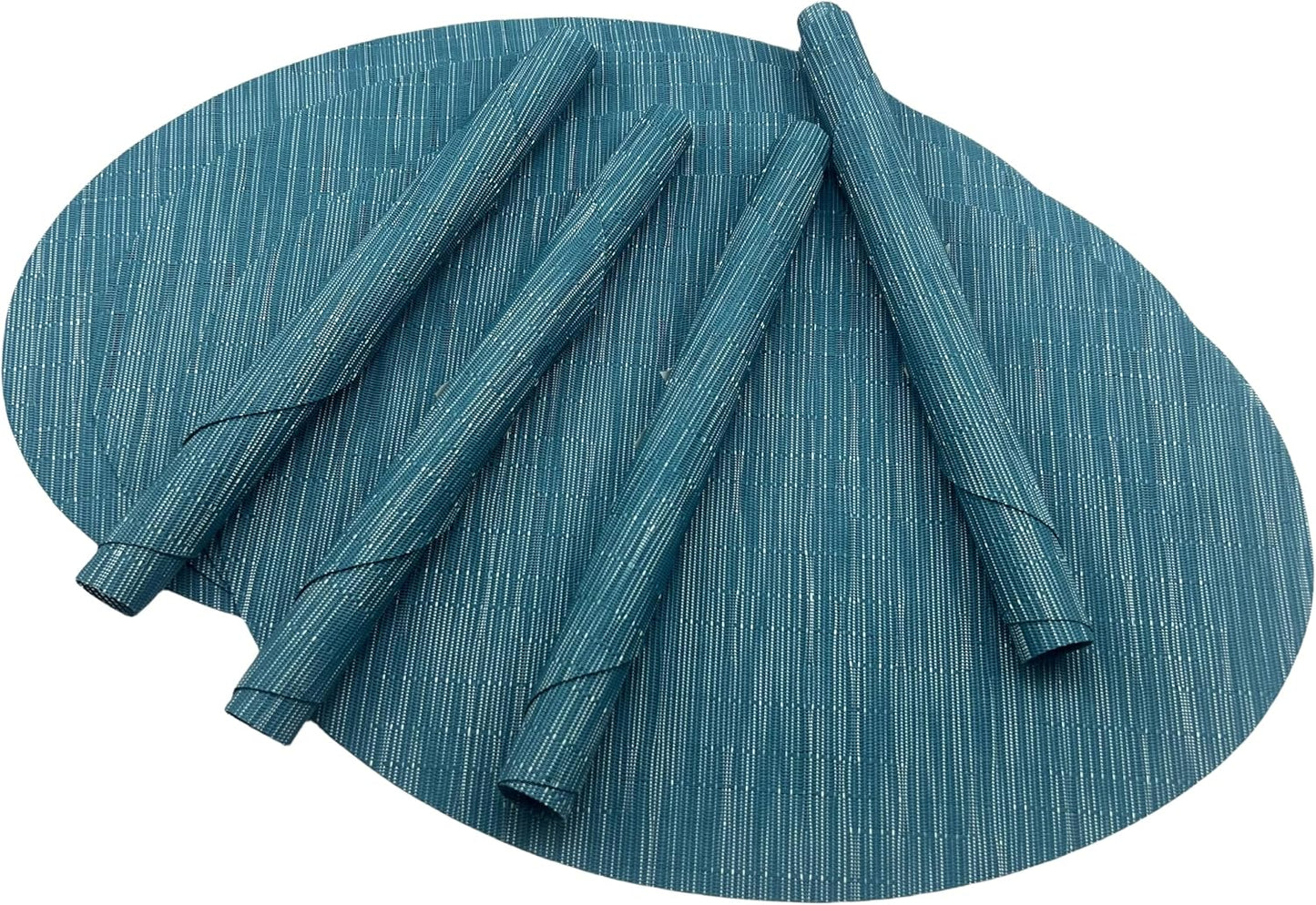 WAZAIGUR Oval Placemats Set of 8 for Dining Table Washable, Blue | Easy to Clean Imitation Bamboo Woven Vinyl Heat