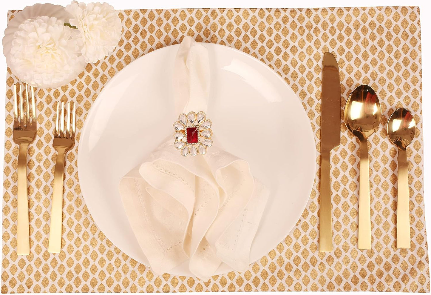 Floral Rhinestone Table Napkin Rings, Gold Tone, Set of 12 | Handmade large-size floral napkin holders with rhinestone