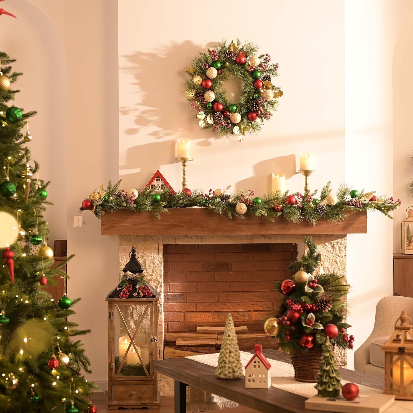 Valery Madelyn 6 Ft Pre-Lit Christmas Garland with Light for Mantle, Lighted Outdoor Xmas Garland with Red Green Gold