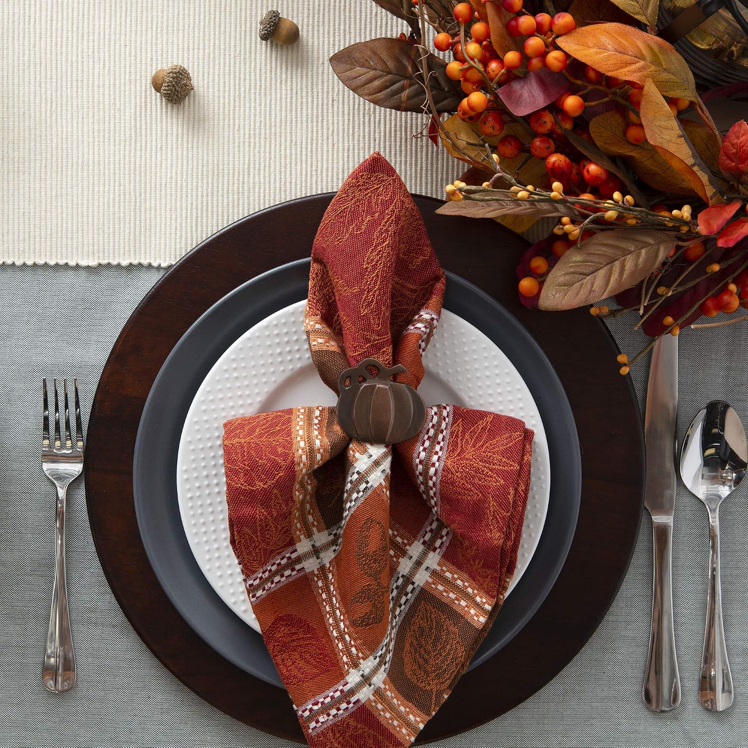 DII Traditional Harvest Wheat Jacquard Collection Thanksgiving Fall Table Décor Damask Cotton, Square Napkin Set