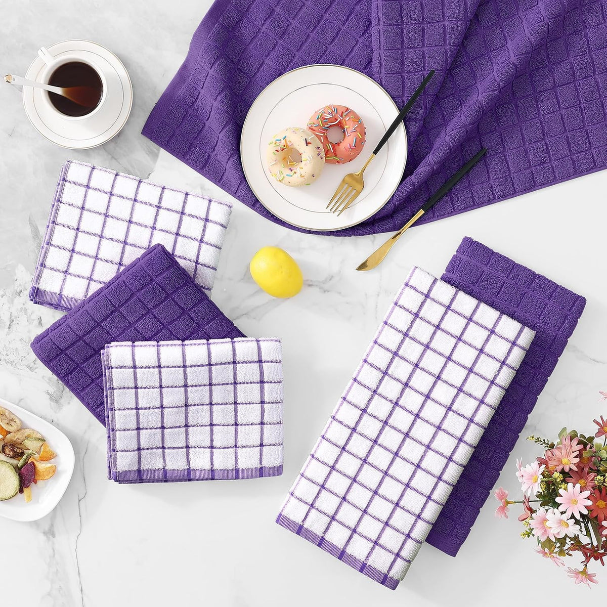 Homaxy Large Premium Cotton Kitchen Towels 16"x 28", 8 Pack, Purple | Natural Ring Spun 390 GSM Dish Towels, Super