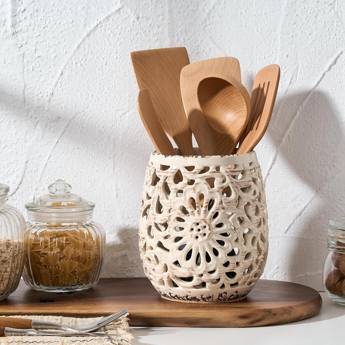 Farmhouse Kitchen Utensil Holder for Kitchen Counter, Ceramic Large Cooking Utensil Crock with Cork Mat, Countertop