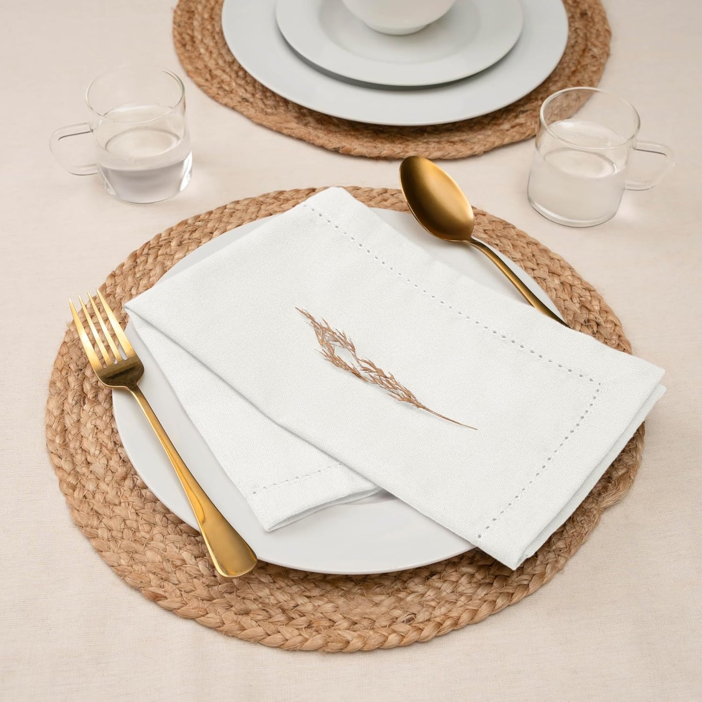 Blue Needles Set of 12 Hemstitch Linen Napkins 100% Cotton White Cloth Dinner Napkins 18x18 inches, Soft, Reusable