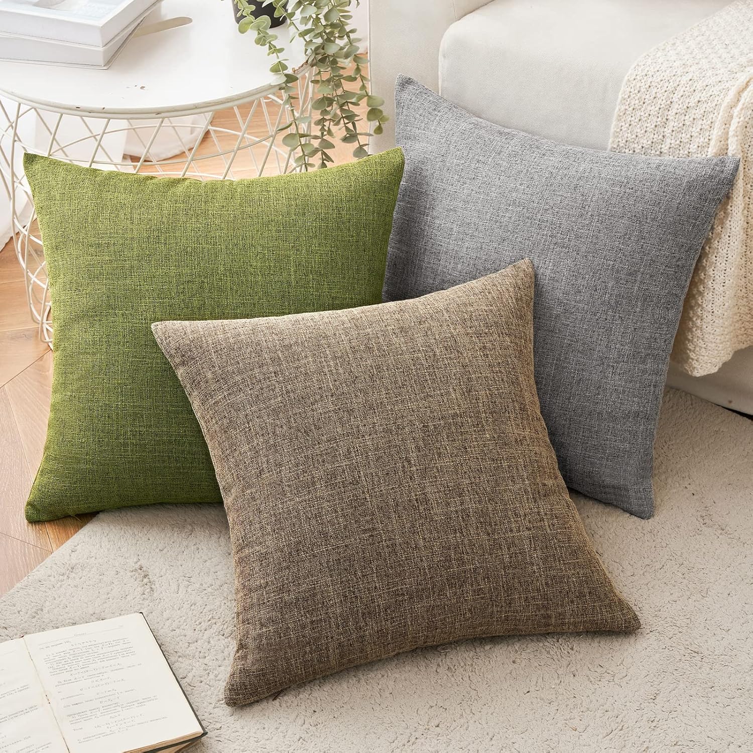 Decorative Linen Burlap Pillow Covers Farmhouse Boho Accent Pillowcases / 18 x 18 / Brown / Set of 2
