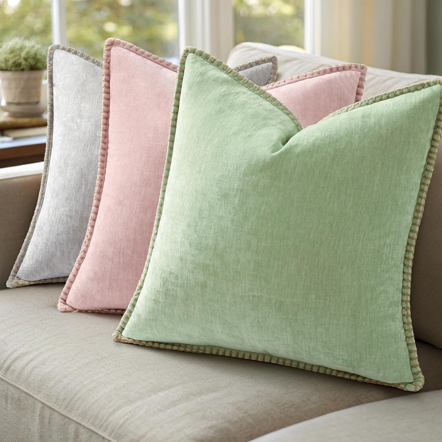 Fall Chenille Soft Throw Pillow Covers / Sage Green / 18 x 18 / Set of 2