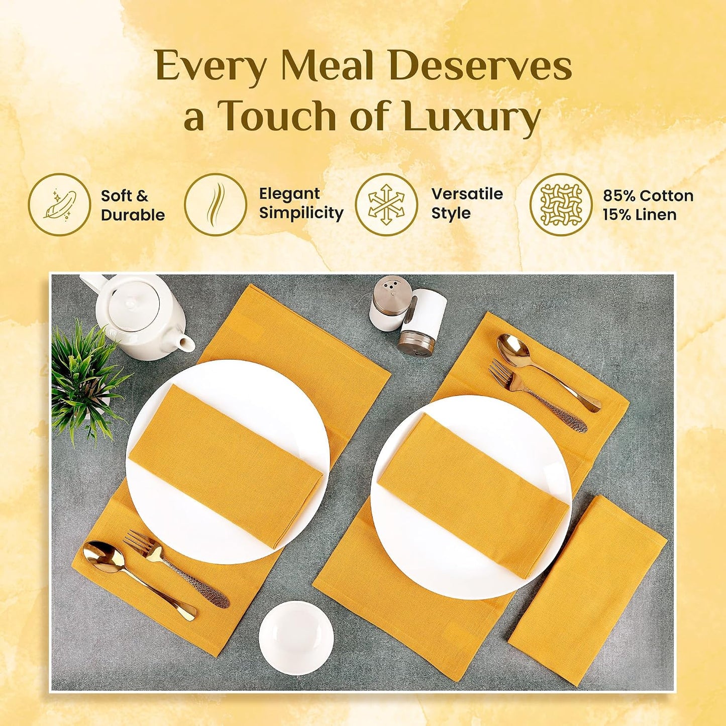 NATURALCRAFT Cloth Napkins Set of 12 Cotton Linen18x18 inch Gold Yellow | Washable Reusable Fabric Soft Durable Quality