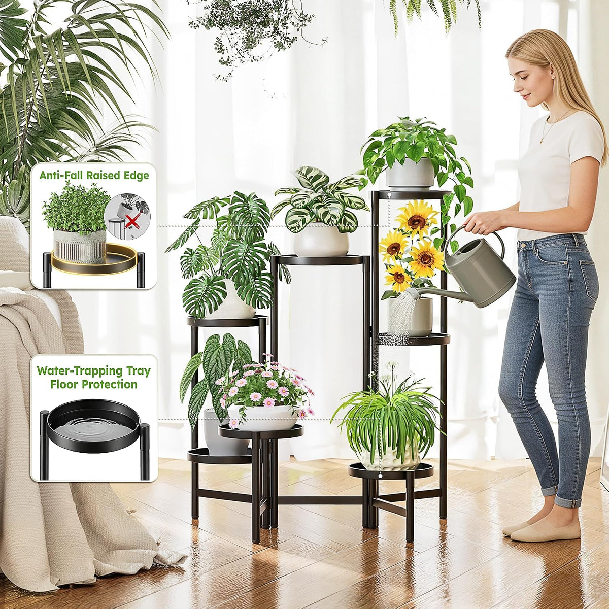 7 Tier Large Tiered Plant Stand Indoor, 7.9 Inch Wide Tall Corner Metal Plant Stands Outdoor for Multiple Plants