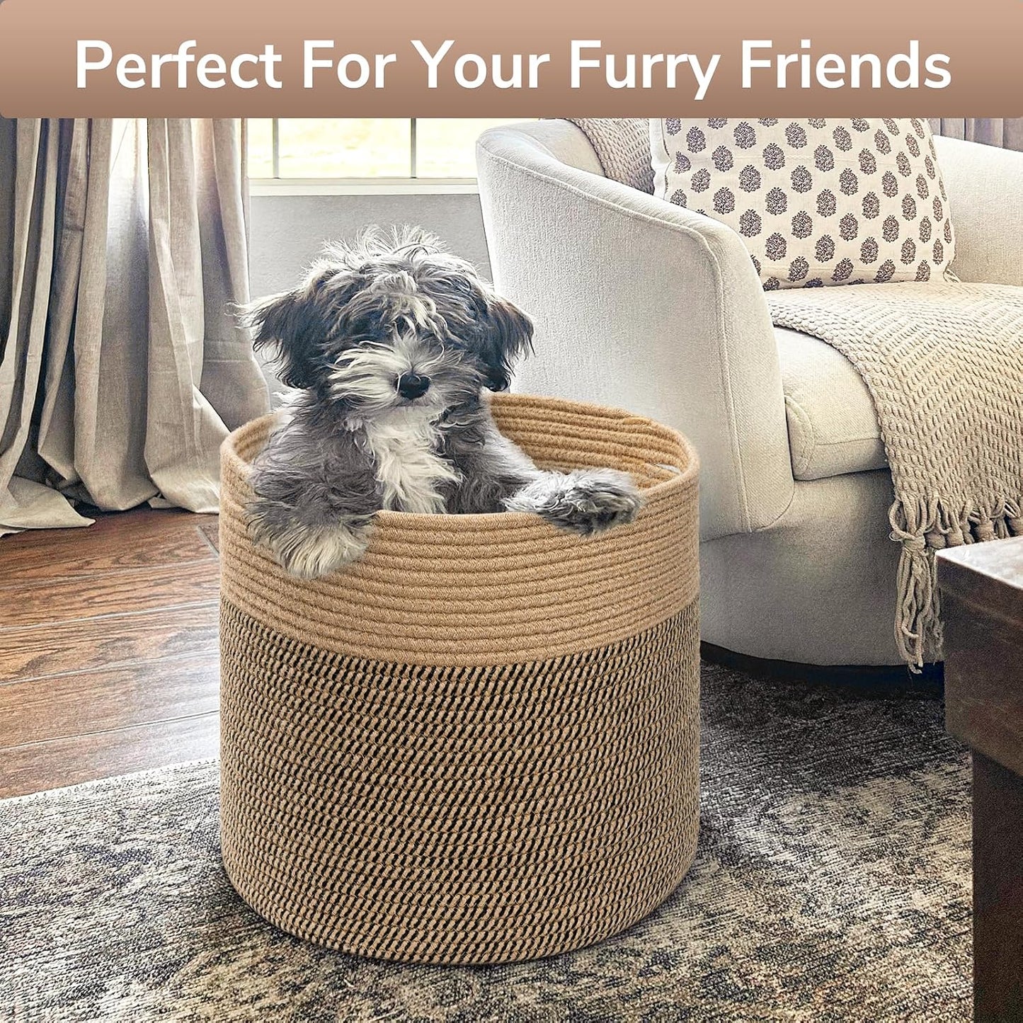 Large Cotton Rope Basket " Wicker Basket for Blankets / Black & Jute / 15.8 x 15.8 x 13.8