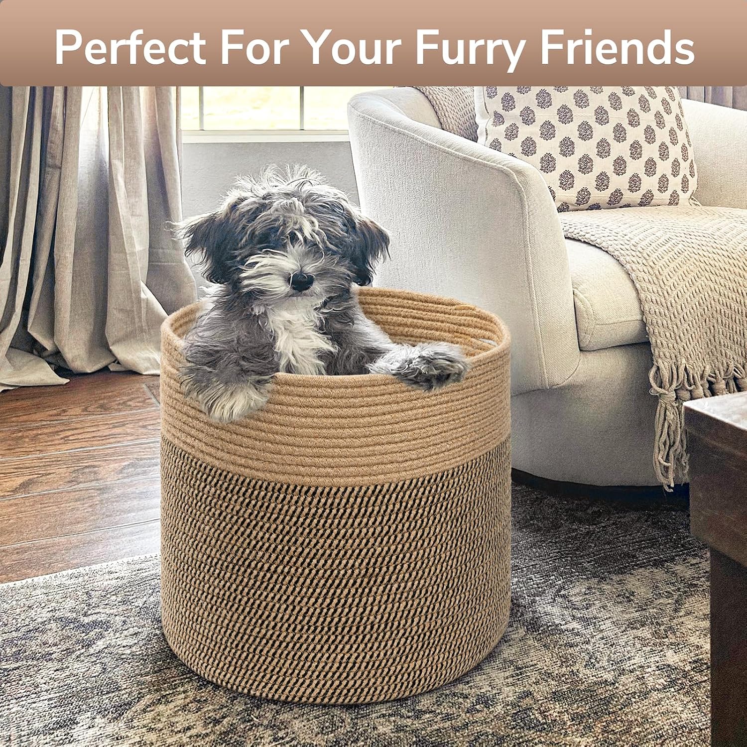 Large Cotton Rope Basket " Wicker Basket for Blankets / Black & Jute / 15.8 x 15.8 x 13.8