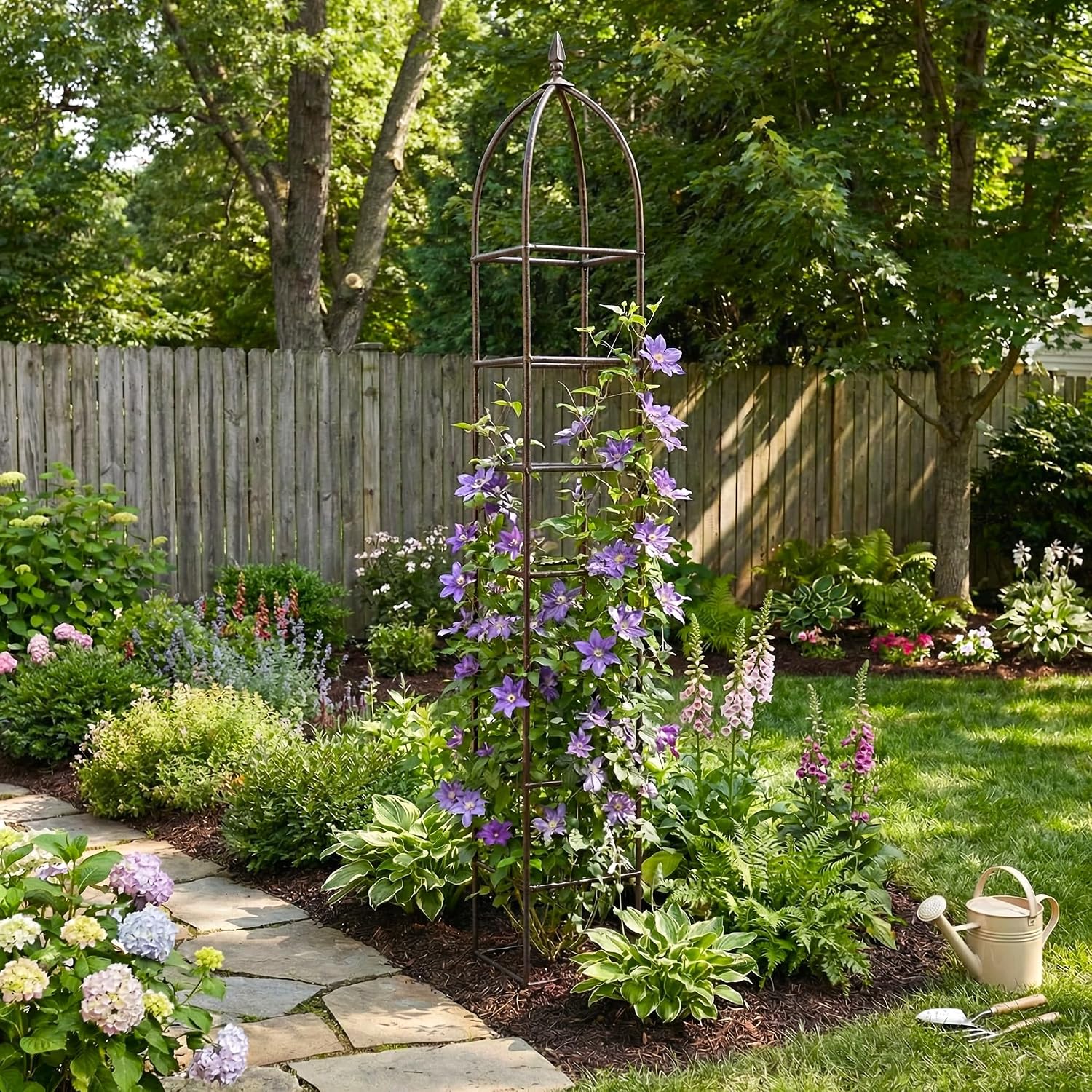 H Potter 8 Ft Garden Obelisk Trellis - Metal Rose Tower & Ground Stakes | Heavy Duty, Iron Climbing Clematis Structure