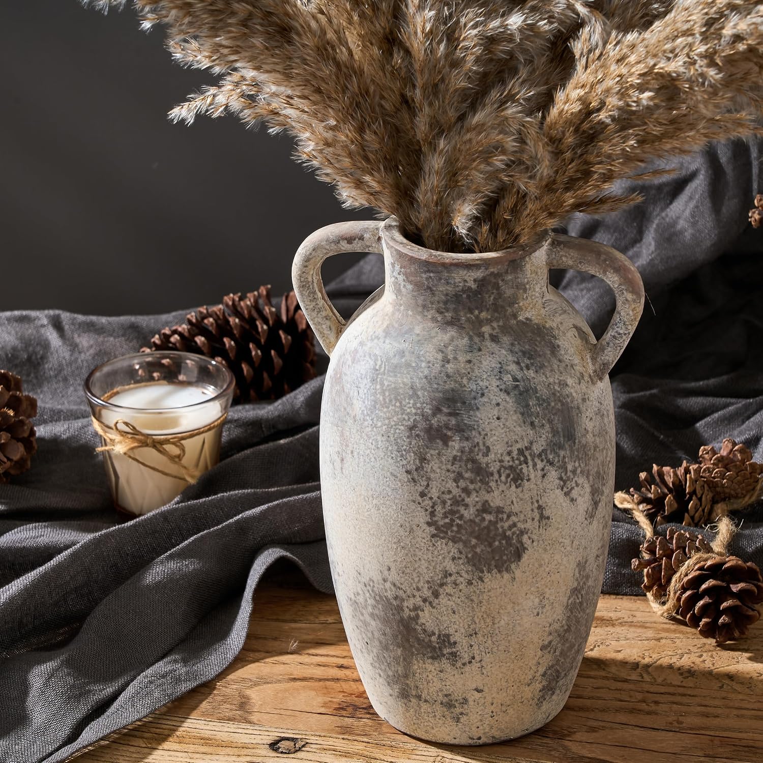 Ceramic Vase / Rustic Decorative Flower Vase / Gray / 9.84 Inch