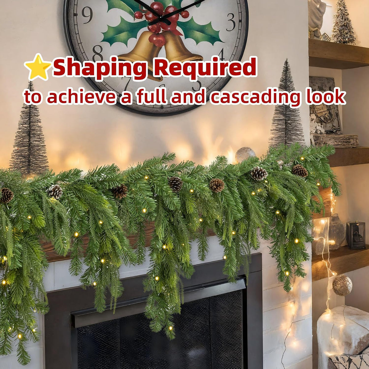 6ft Cascading Christmas Garland with Lights/Pinecone for Mantel Decorations | Prelit 80 Warm White LEDs with Dark Green