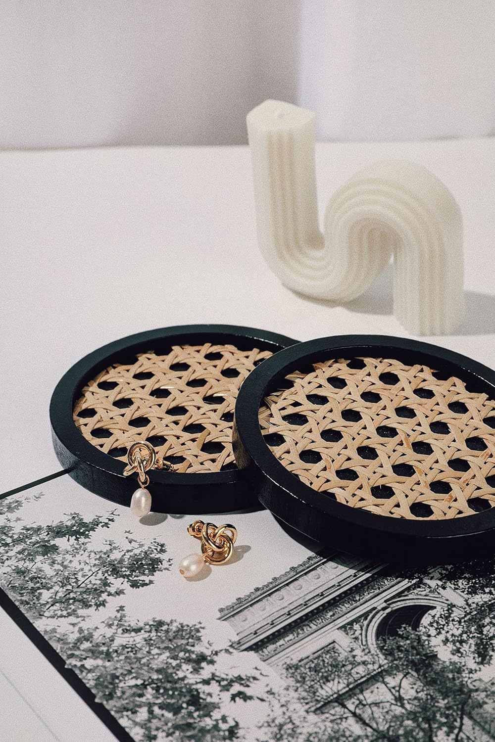 Unique Wooden Rattan Coasters / Round / Black / Set of 4