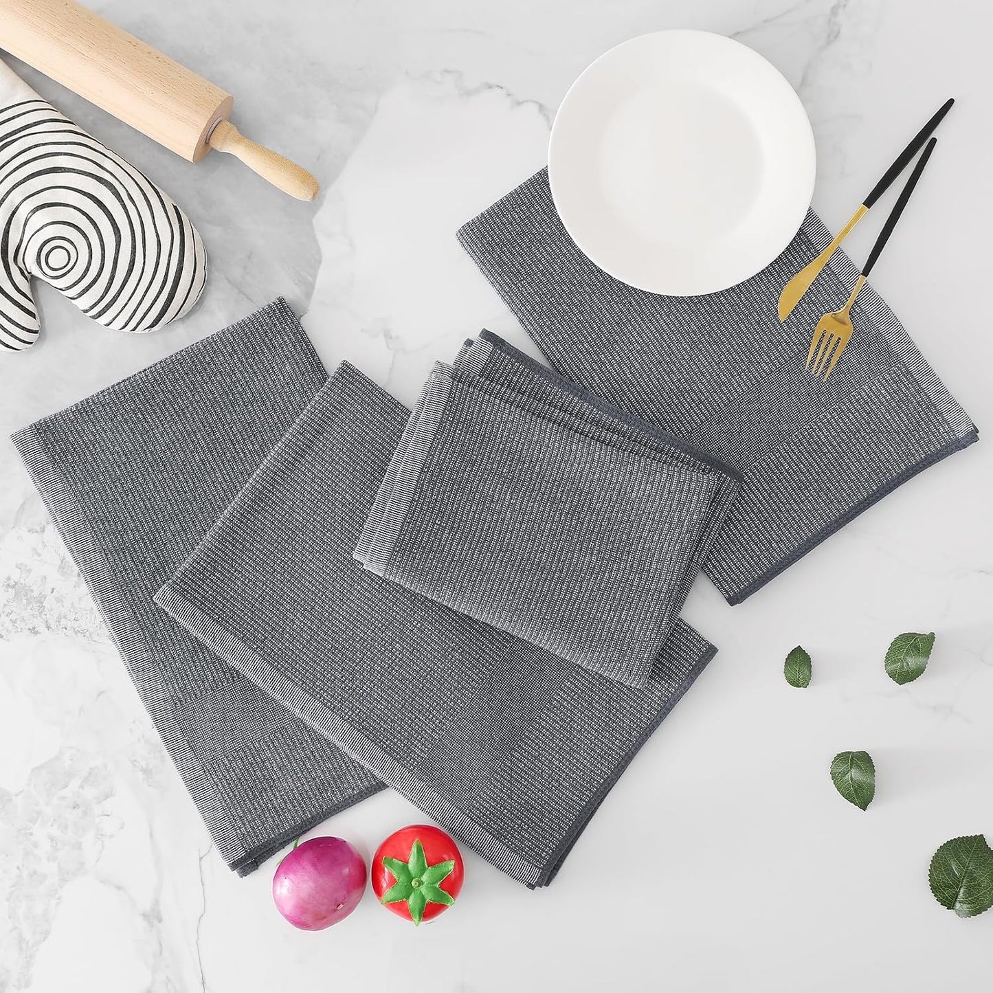 Homaxy 380 GSM Cotton Premium Kitchen Towels 8 Pack, 18"x 28", Grey | Flat and Terry Dish Towels, Highly Absorbent Tea