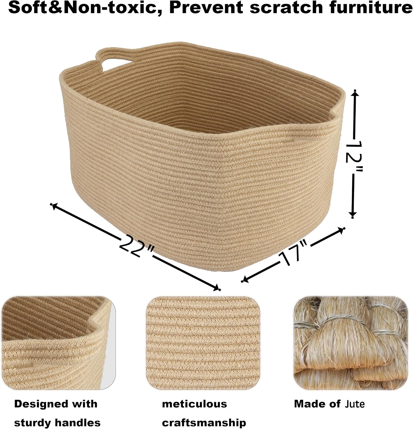 Large Rectangle Blankets Basket Living Room " Woven Rope Storage Baskets / Jute / 22 x 17 x 12